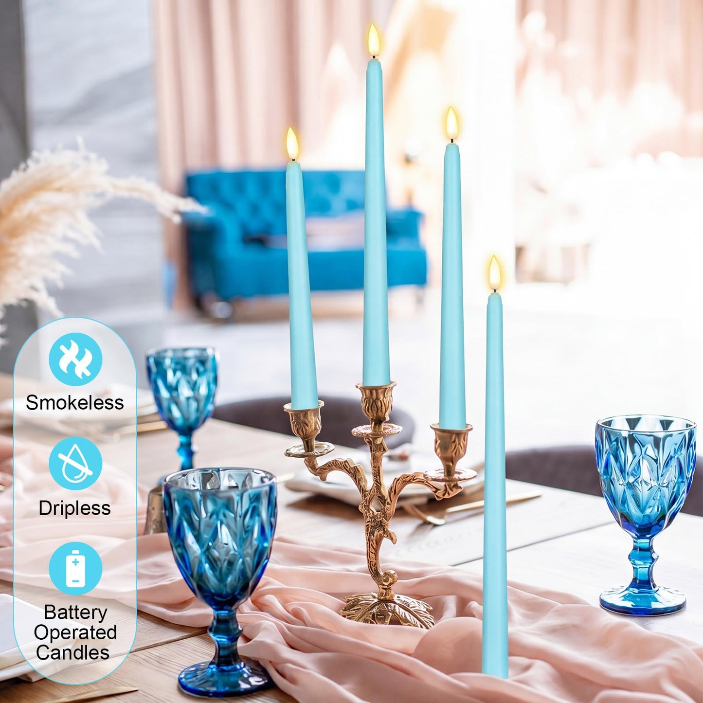 Rossesay 24 Pcs Flameless LED Taper Candles Battery Operated Candle 8.5", 9.65", 10.8", 12.8" Flameless Candlesticks Flickering for Christmas Church Wedding Indoor Decoration(Classic, Turquoise)