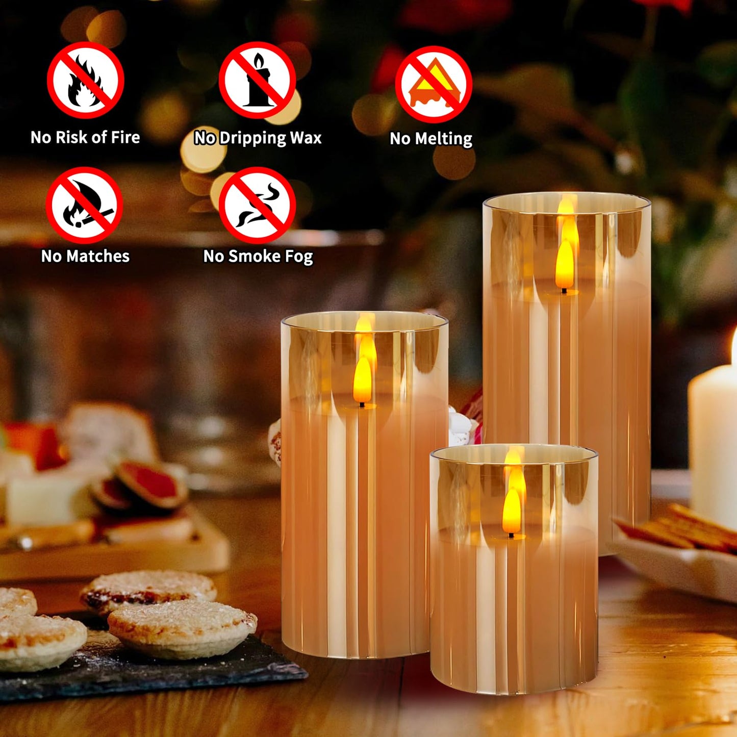 Flameless Candles, Battery Operated Led Flickering Flameless Candles 3 Pack with Star String Lights, Brown Glass Timer & Remote, Flickering Safe for Wedding Home Party Decor