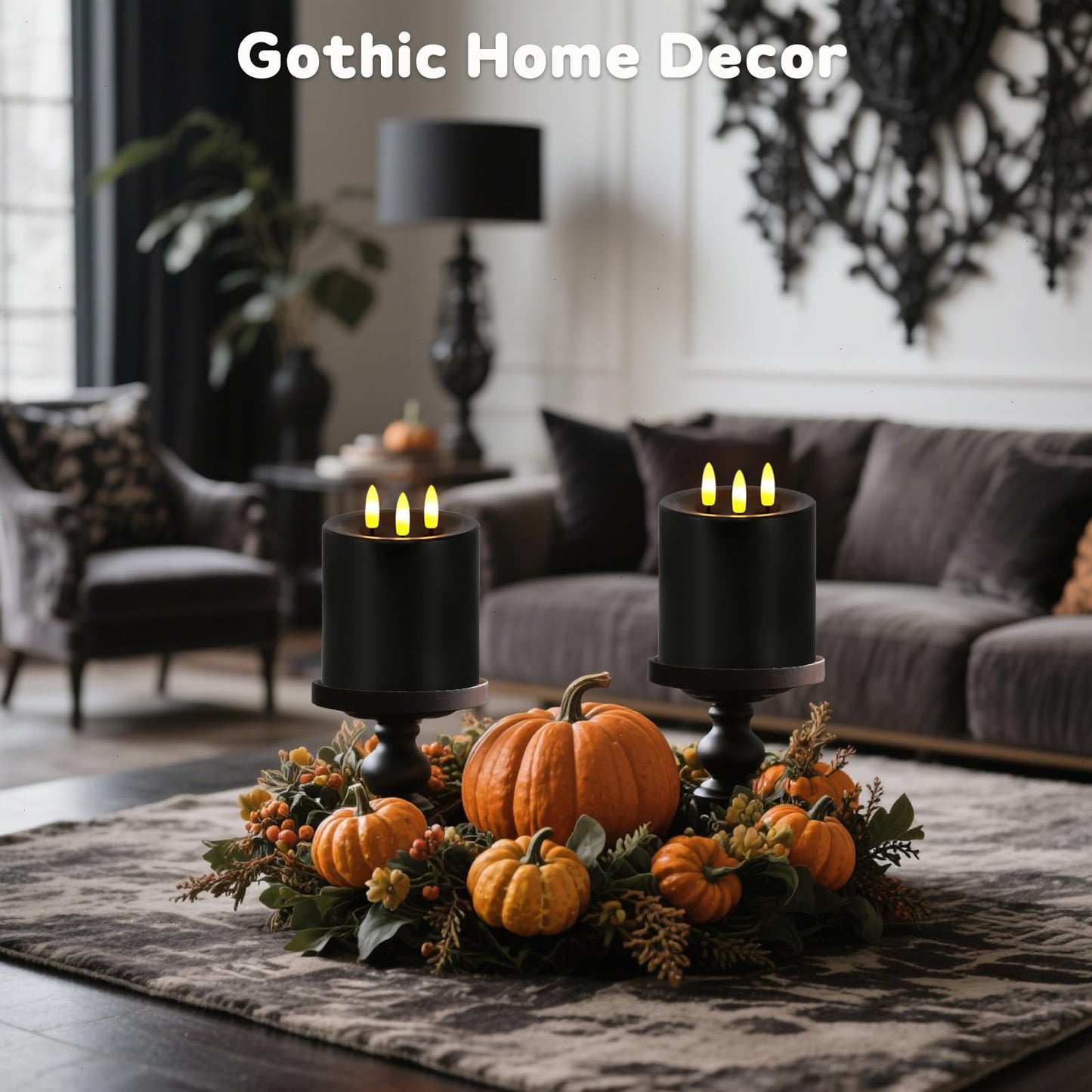 Large 3 Wick Flameless Candles, 4"x4" Flickering LED Candles with Remote & Timer, Dimmable Real Wax Electric Pillar Candles Battery Operated, Black Candles Light for Home Halloween Decor (Black)