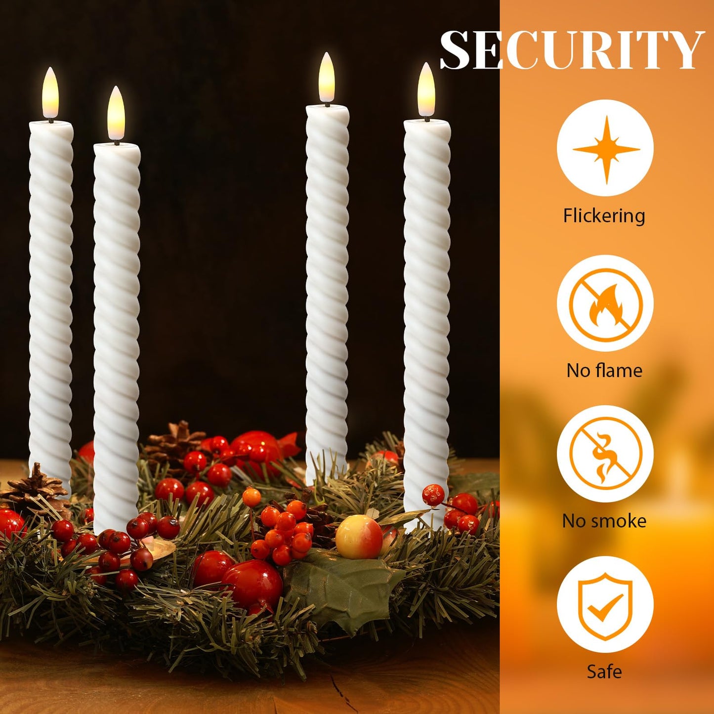 Tuanse 24 Pcs 10 Inch Flameless Twisted Taper Candles LED Flickering Battery Operated Candles Electric Warm Light Candlesticks for Wedding Birthday Party Home Dinner Decor(White)