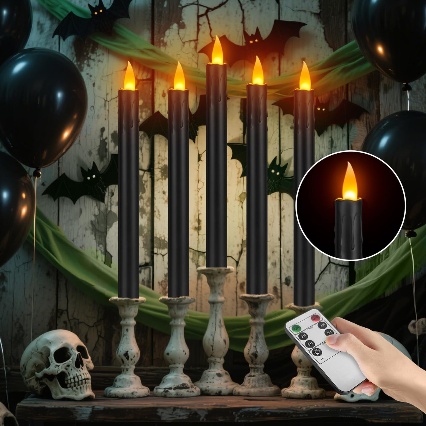 wemarry 6 Pcs Black Flameless Taper Candles with Remote, 10" Tall Electric Led Candlesticks, Plastic Battery Operated Taper Candles for Halloween Dinner Party Wedding Birthday Home Décor(Black Drip)