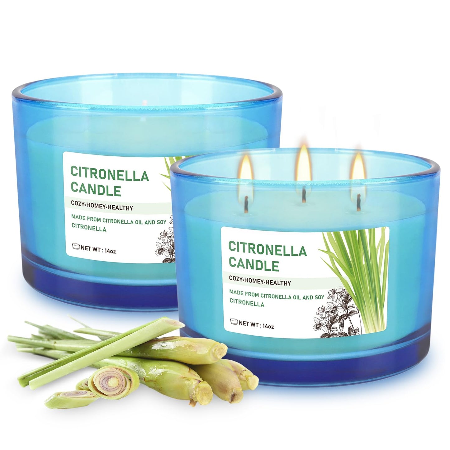 2x14oz Large 3-Wick Outdoor Indoor Citronella Candles, Long Lasting to 30 Hours, Scented Natural Soy Candle for Garden Camping Party Yard Balcony