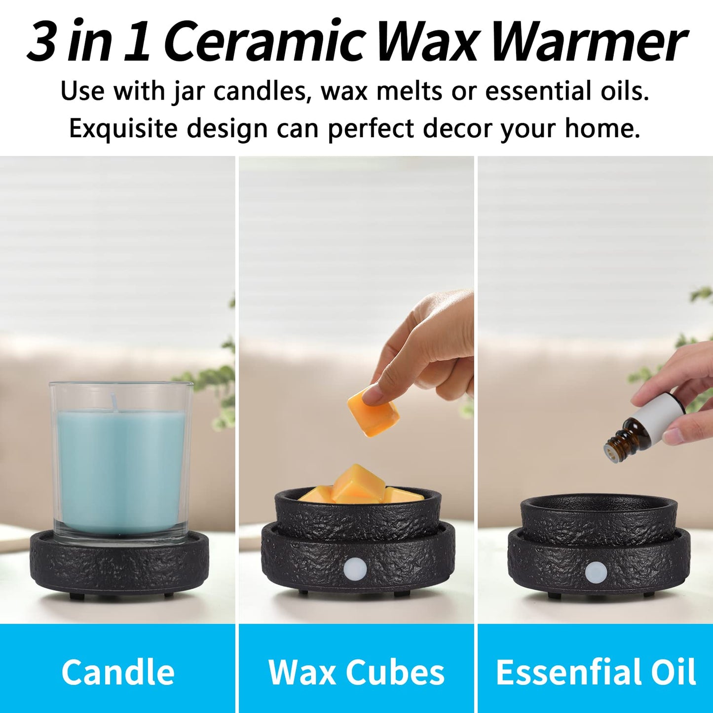 nawaza Ceramic Wax Melt Warmer Fragrance, 3 in1 Electric Candle Wax Warmer, Scented Wax Melt Wax Cubes Melter Fragrance Warmer for Home,Office, Birthday Gifts for Women Mom(Black)