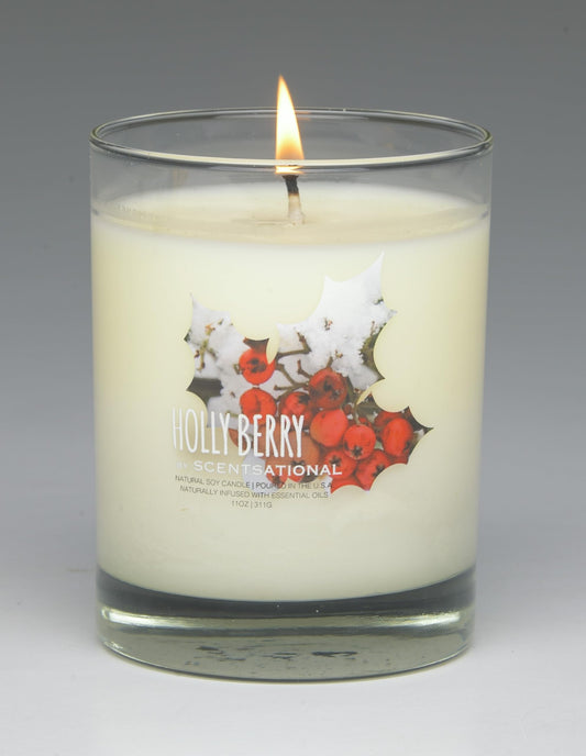 Scentsational Holly Berry Natural Candle, 11 oz, Essential Oil Infused, 50-60 Hour Burn Time, Gift Wrapped