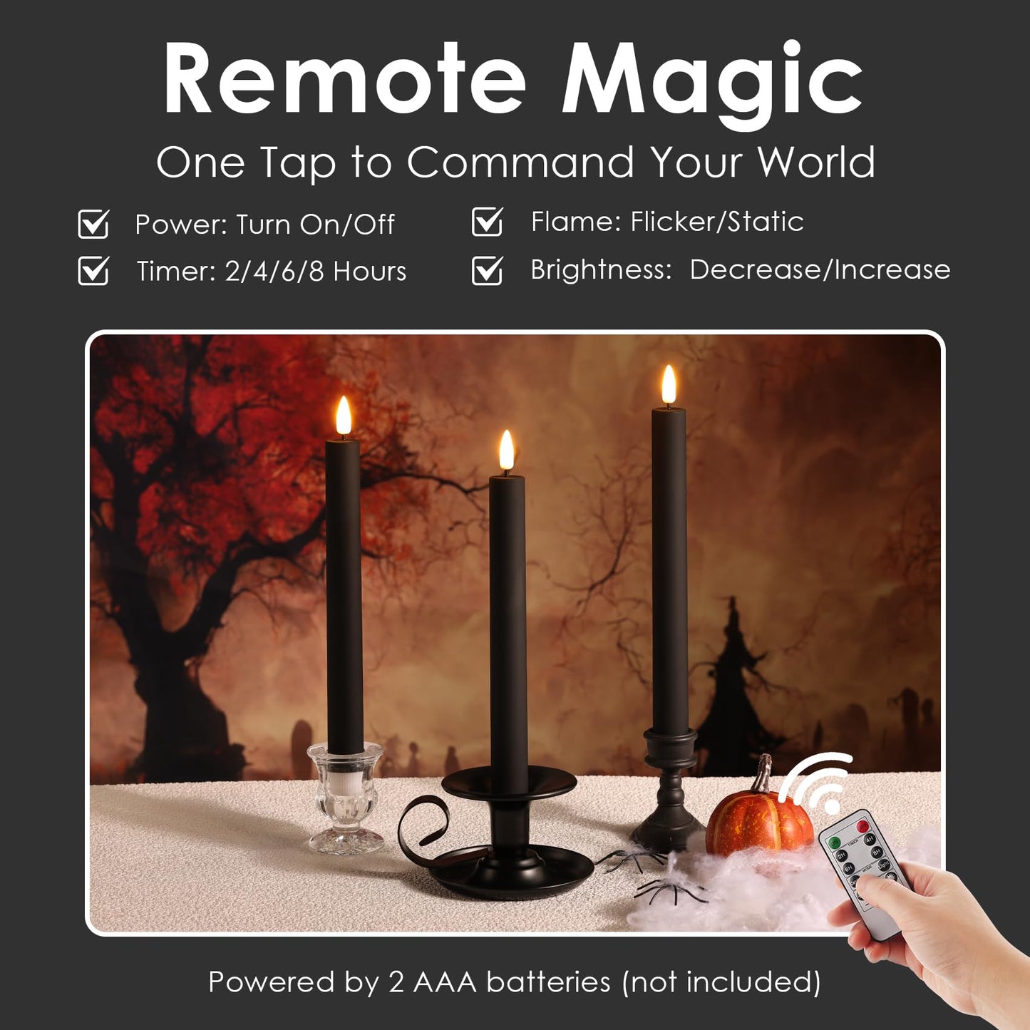 Girimax Black Flameless Taper Candles with Remote, Flickering Realistic LED Candlesticks Battery Operated Set of 6