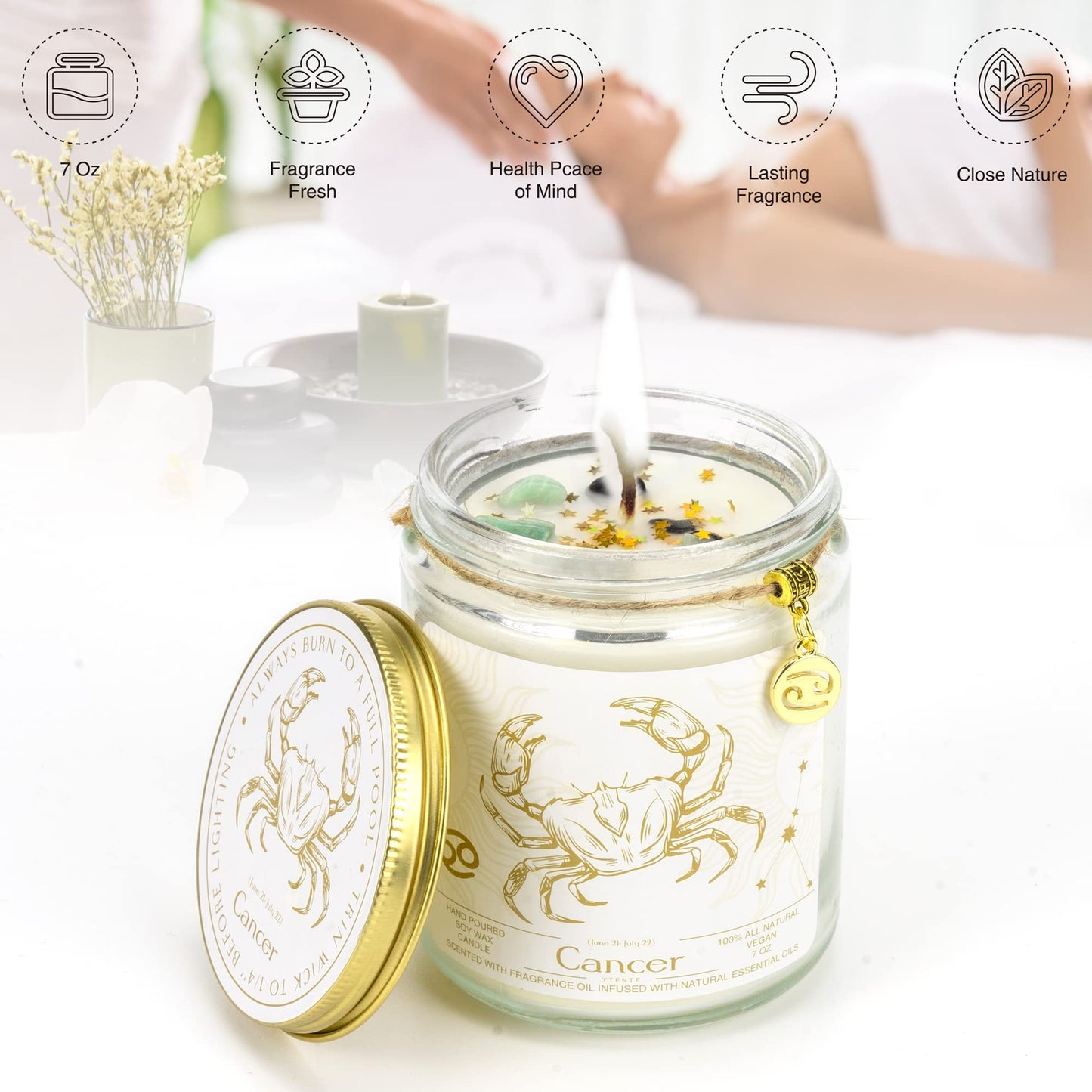YTENTE Cancer Candles, Cancer Gifts for Women Zodiac Sign Crystals Candles Jar,Astrology Scented Soy Candles for Women Mom Friends Sister Daughter Birthday Mother's Day Gift