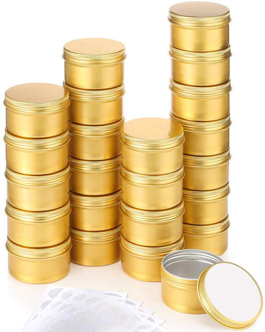 Patelai 36 Pcs 4 oz Metal Round Tins Aluminum Tin Cans Salve Tins Containers with Screw Lid 10 Sheets Stickers for Salve Spice Candies Balms Candles(Gold)