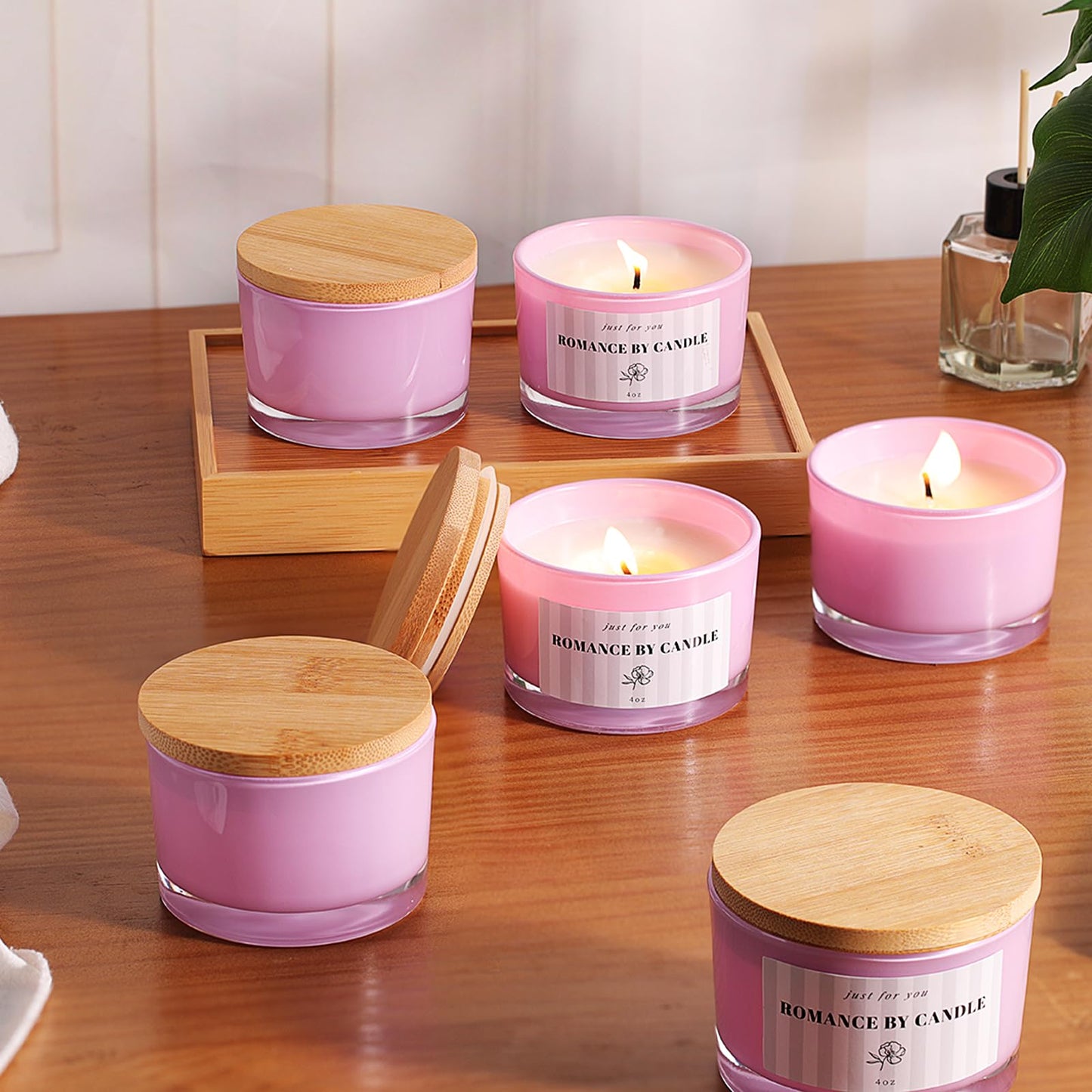 REISEN 12 PCS Purple Candle Jars for Making Candles, 4 OZ Glass Jars with Bamboo Lids and Sticky Warning Labels, Candle Containers for DIY Gifts, Candle Making Supplies