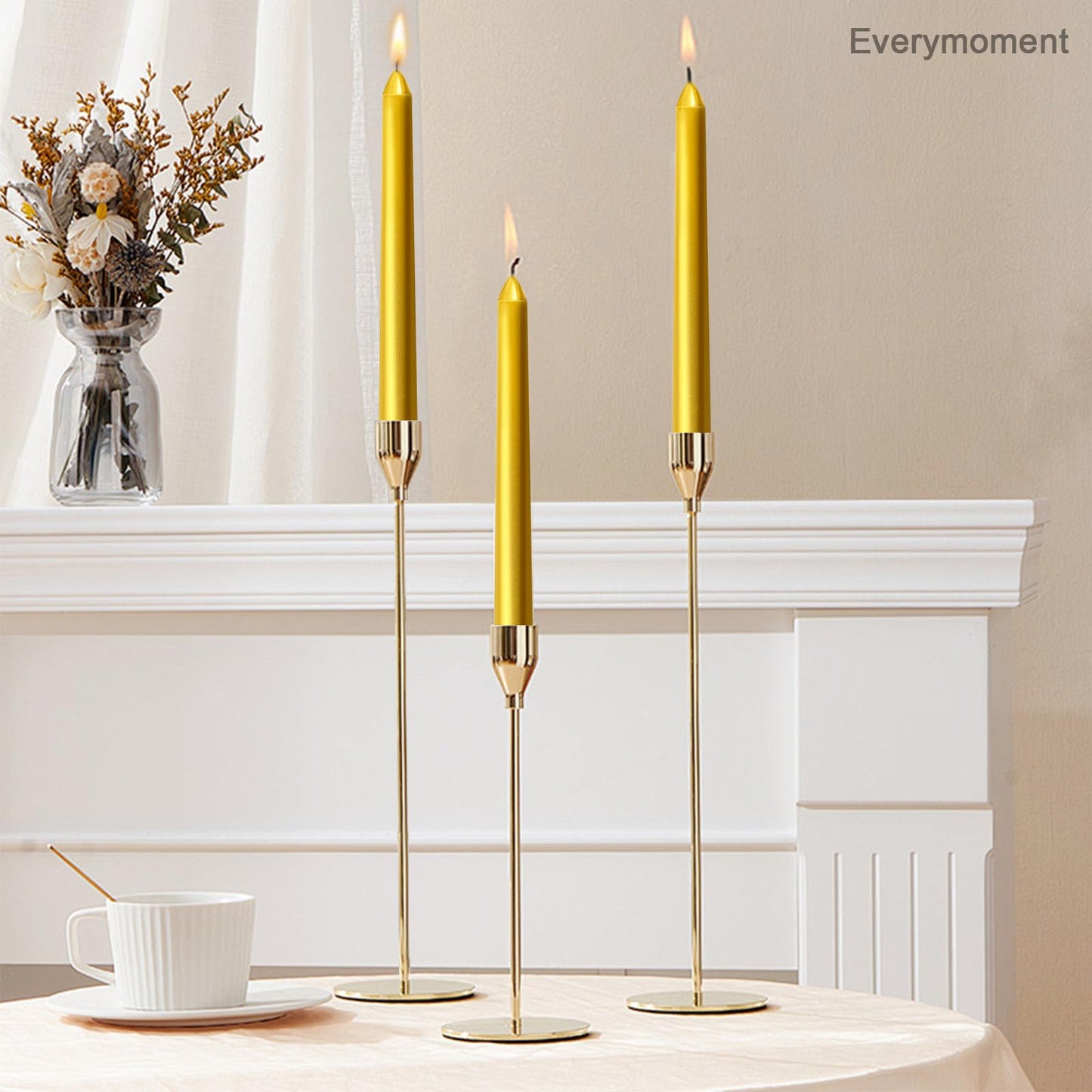 Everymoment Gold Taper Candles - 24 Pack 10 Inch Candlesticks - Dripless & Smokeless for 8 Hours - Unscented Paraffin Wax - Ideal for Wedding Christmas Anniversary New Year's Eve & Luxury Decor