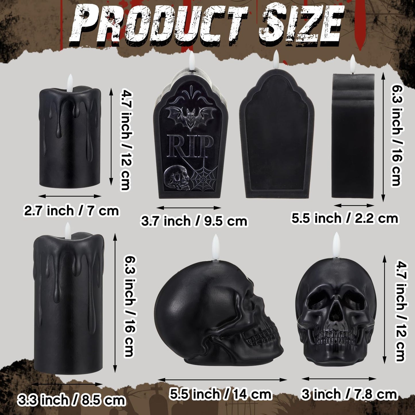 Baquler 4 Pack Black Wax Flameless LED Candles, Halloween Tombstone RIP Skull Dripping Pillar Candles Battery Operated Gothic Real Wax Candlestick for Halloween Party Home Decor