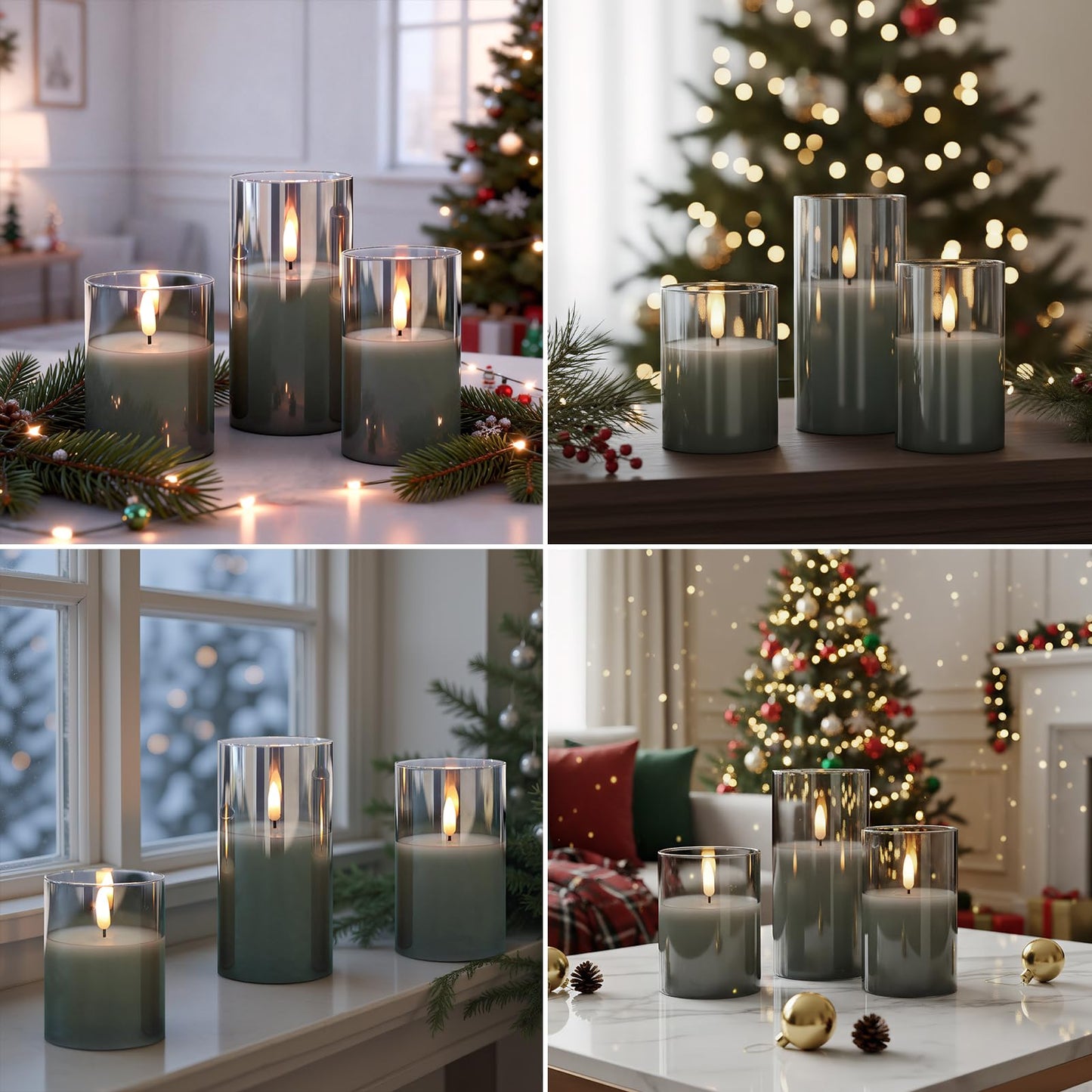 GenSwin Glass Flameless Candles with Remote Battery Operated Flickering LED Pillar Candles Real Wax 3D Wick for Wedding Festival Home Decoration(Gray,Pack of 3)