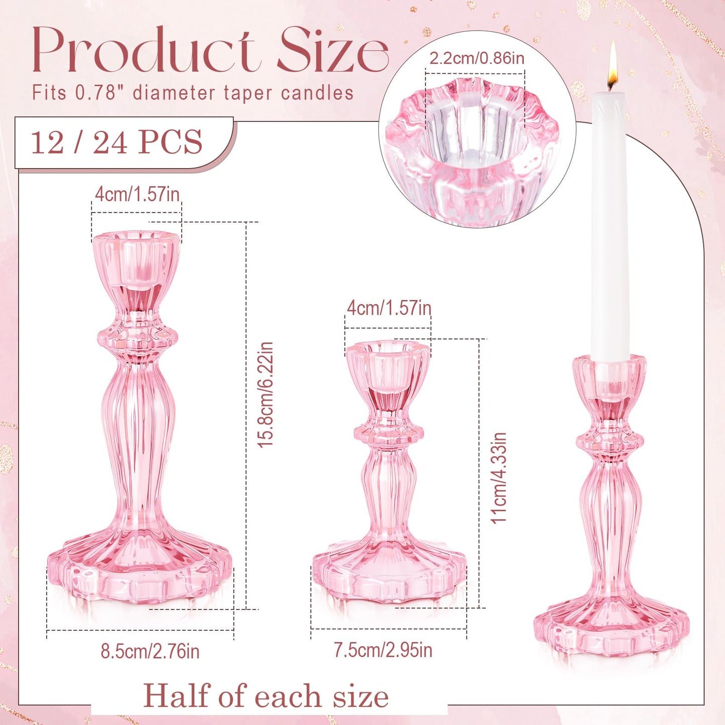 Ferrochef 12 Pack Glass Candlestick Holders Set 4.3/6.1'' Taper Stripe Candle Holder Bulk Floral Shape Crystal Decorative Candle Stand Centerpiece for Table Wedding Dining (Pink)