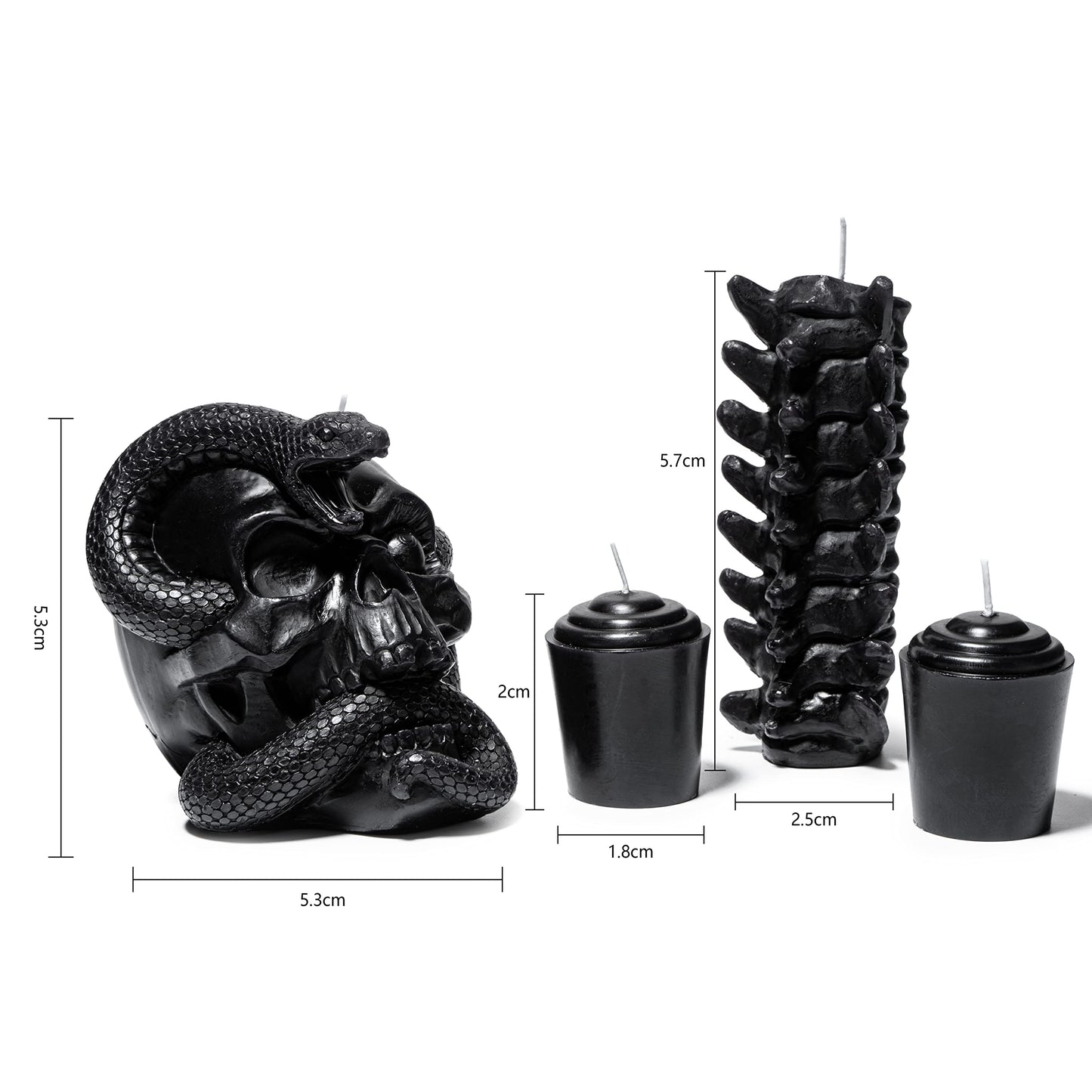 Skull & Spine Candles 4 Pack - Skeleton Snake, Spine & Black Bones Candle, Skulls, Magic Skulls Candlestick Spooky Gothic Emo Decor, Home & Bar Decoration, Large Creepy Skeletons Decorations