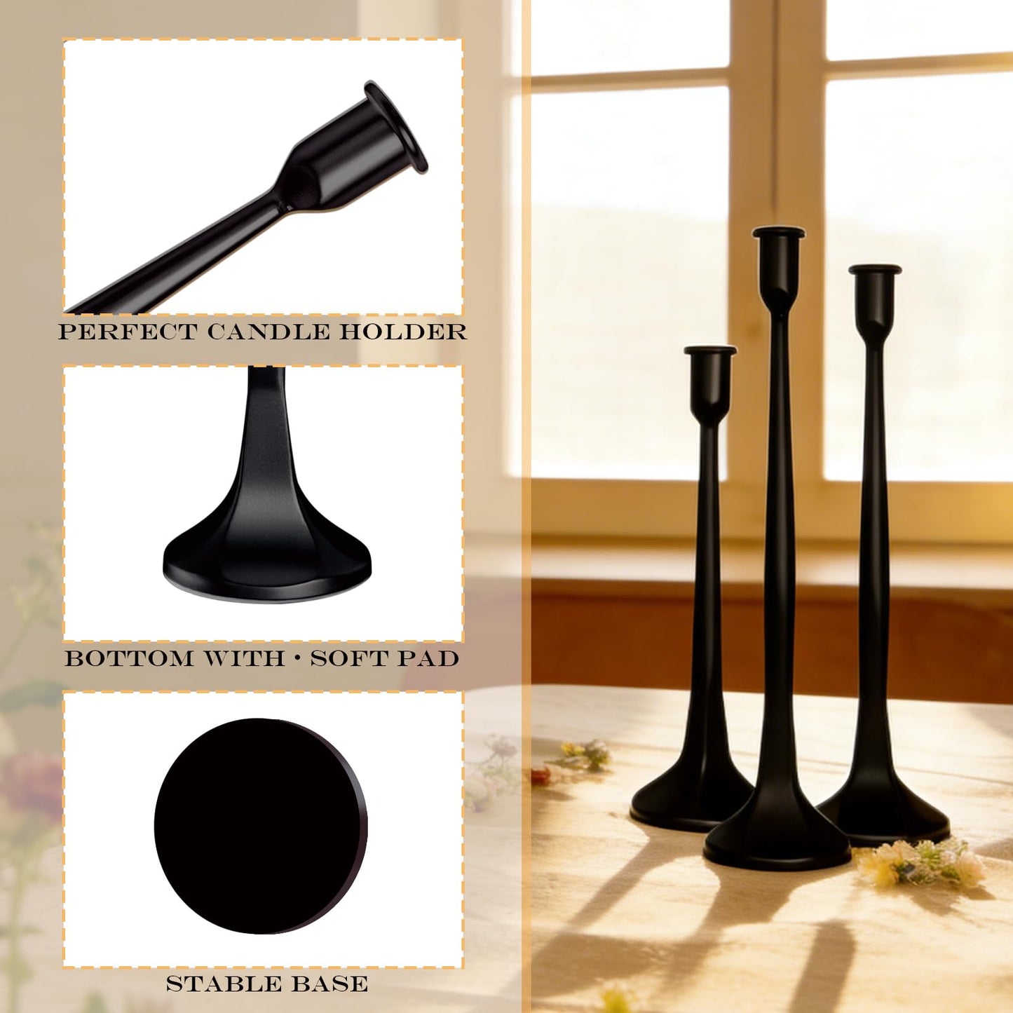 LAJIAOZ Antique Iron Taper Candle Holder Set of 3, Decorative Candlestick Holders for Dining Table, Wedding Centerpiece, Farmhouse & Modern Home Decor, Metal Candle Stands(12" 14" 15.5")(Black)