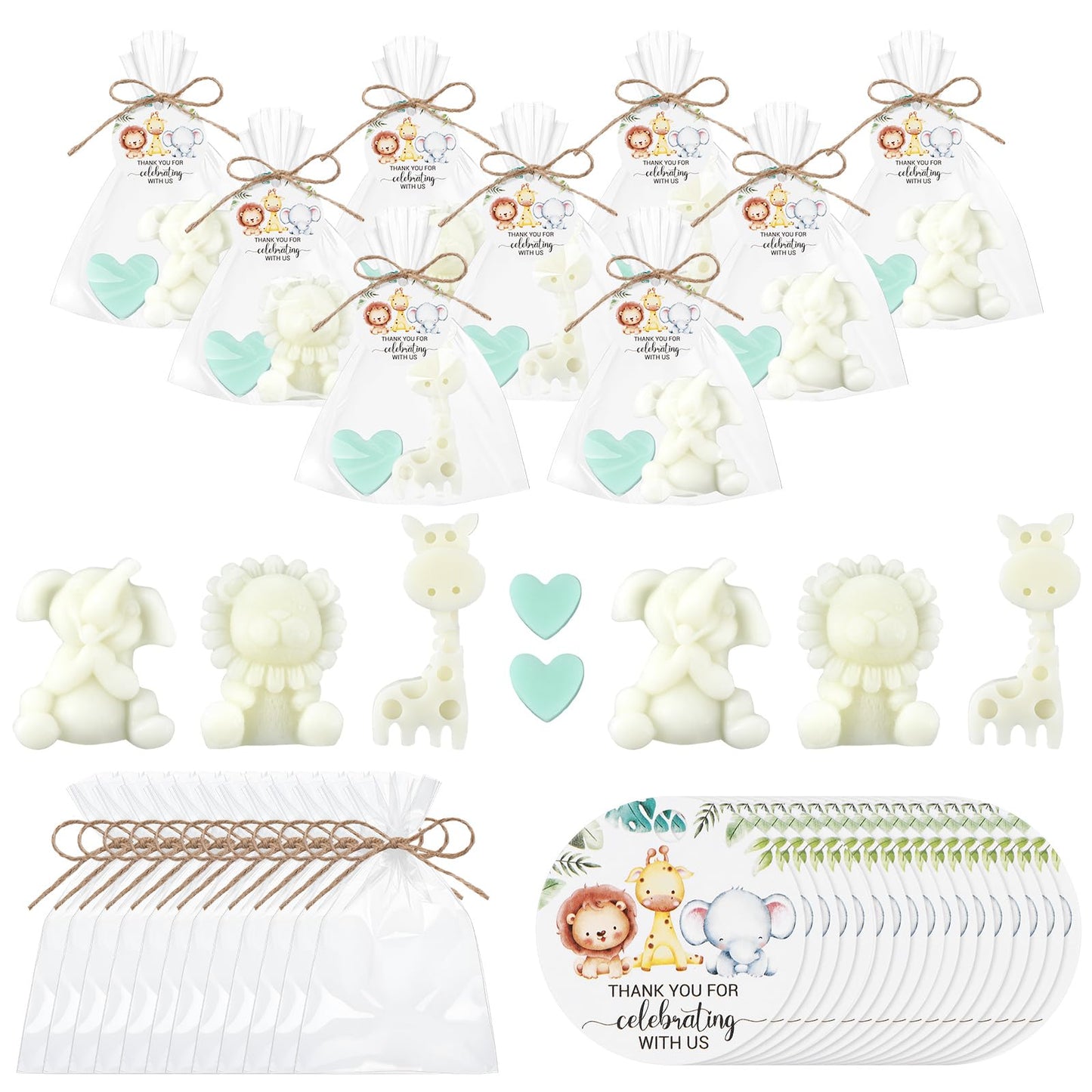 Demissle 20 Sets Safari Animal Baby Shower Soaps Favors for Guests Jungle Greeting Card Bath Gift for Birthday (Green)