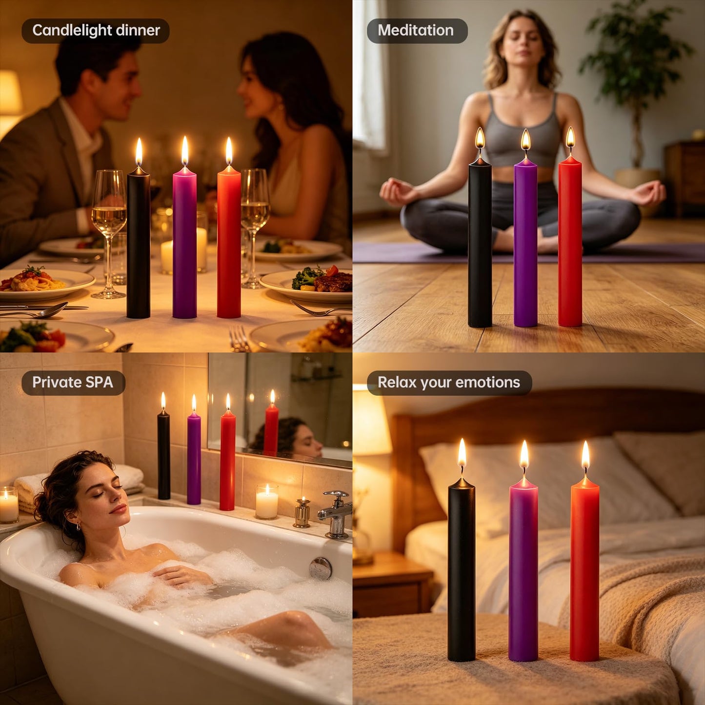 Low Temperature Candle Set - 3 Pack (Red, Purple, Black), Smooth Drip Candles for Deep Relaxation, Cozy Home Ambiance & Mood Lighting