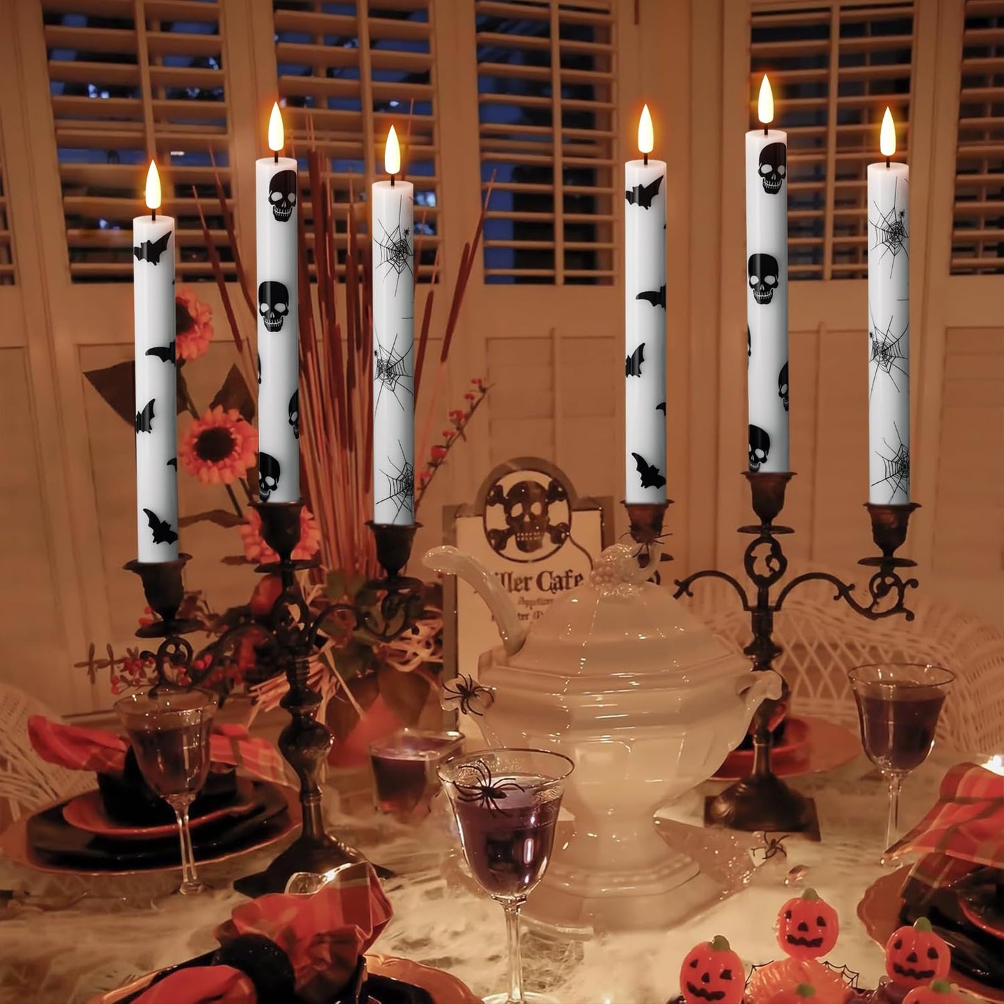 Wondise Halloween Flameless Taper Candles with Remote & Timer, Battery Operated with Spider Web, Bats, Skull, Real Wax 3D Wick LED Candles for Halloween Decorations