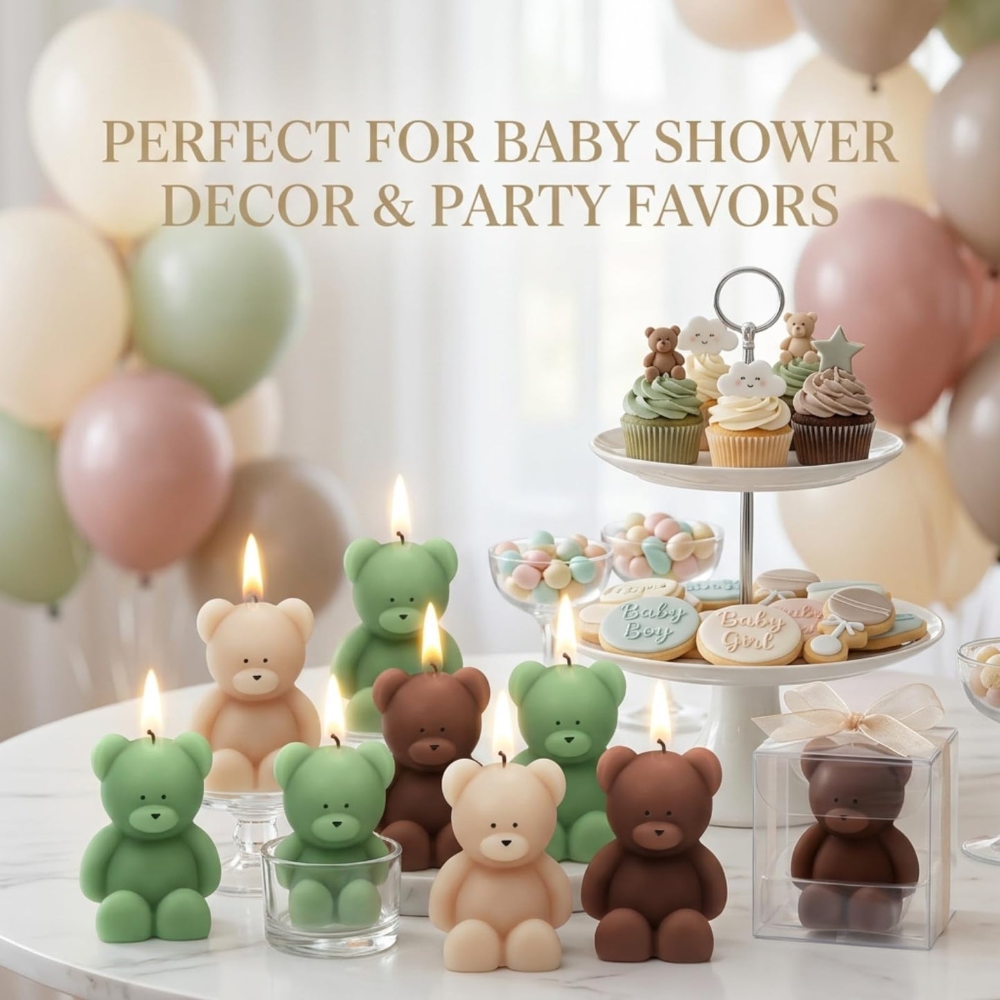 Dansib 15 Pcs Bear Baby Shower Candle Favors for Guest Bear Party Favors Baby Shower Candles Bulk for Gifts Party Decorations (Light Brown,Dark Brown,Green)