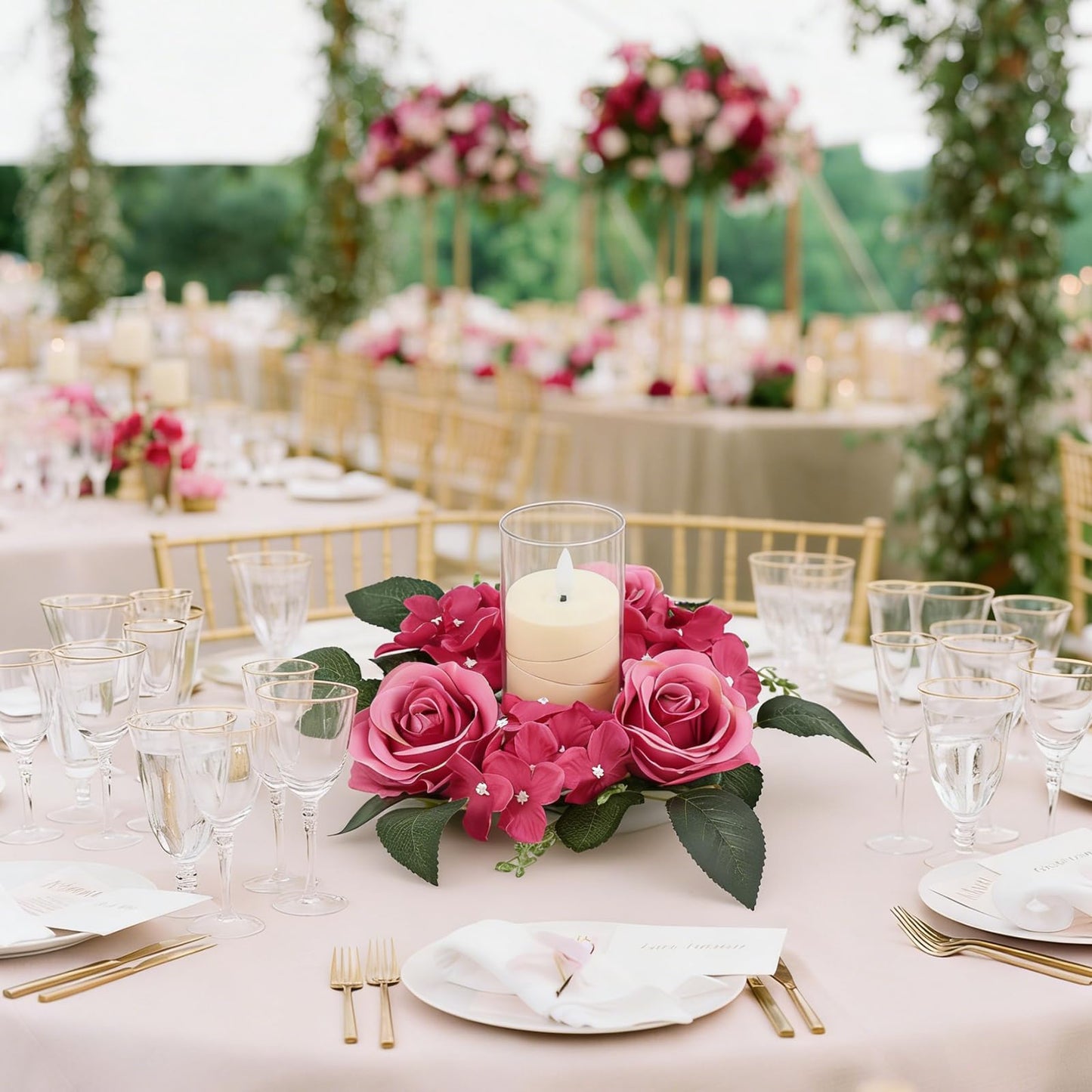 UUXX 4PCS Candle Rings for Pillars, Silk Roses Hydrangea Artificial Flowers Candle Wreaths Rings for Table Centerpieces Wedding Valentine's Day Party Decor(Hot Pink)