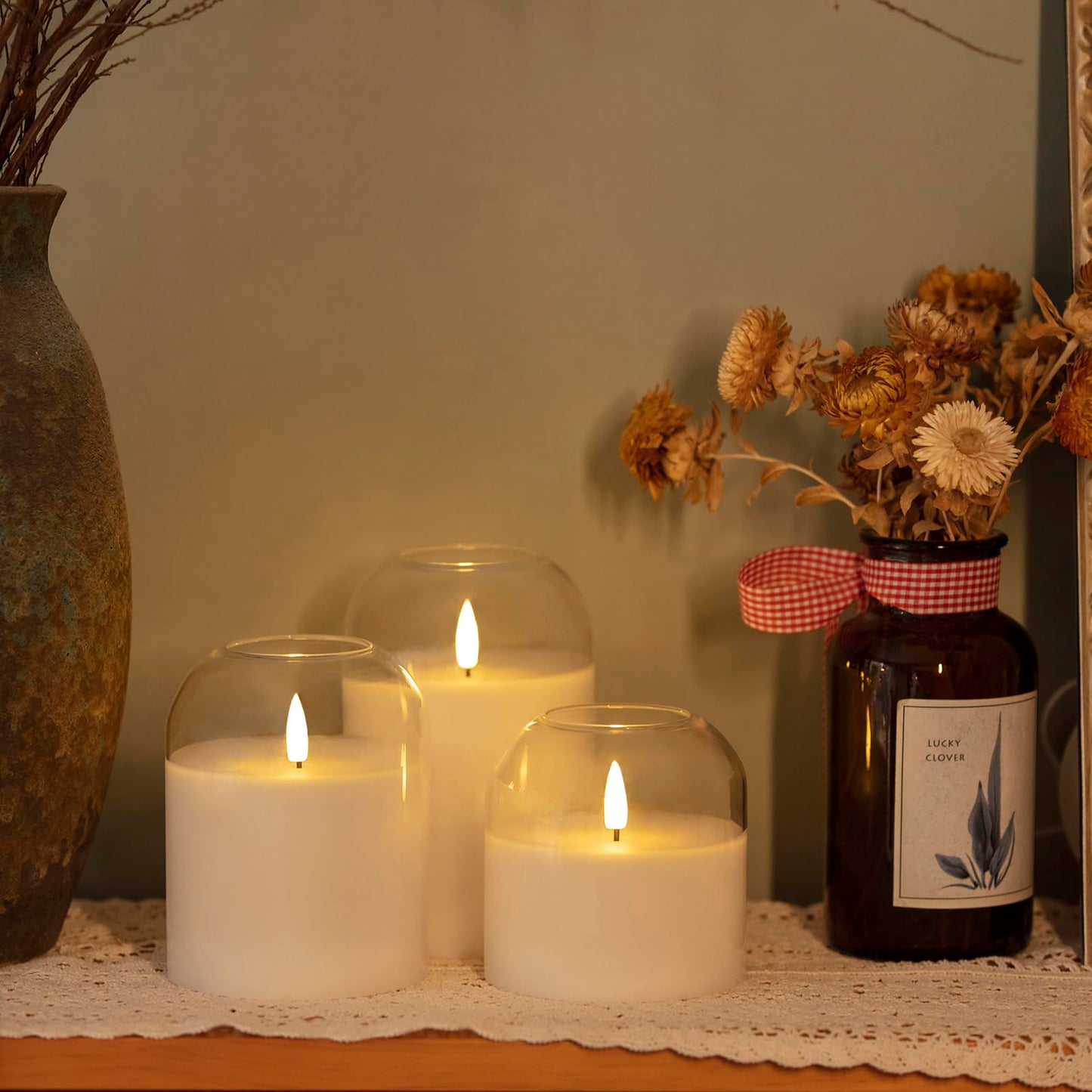 volnyus Clear Glass Flameless Candles with Remote Battery Operated Flickering LED Pillar Candles Real Wax Wick Φ 3"" H 4"" 5"" 6"", Gold
