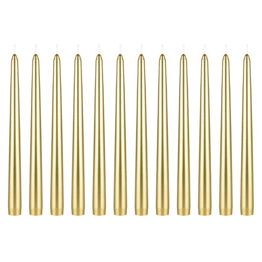 Mega Candles 12 pcs Unscented Gold Taper Candles, Hand Poured Wax Candle 10 Inch x 7/8 Inch, Home Décor, Wedding Receptions, Centerpieces, Occasions, Romantic Dinners, Prayer, Candle Holders