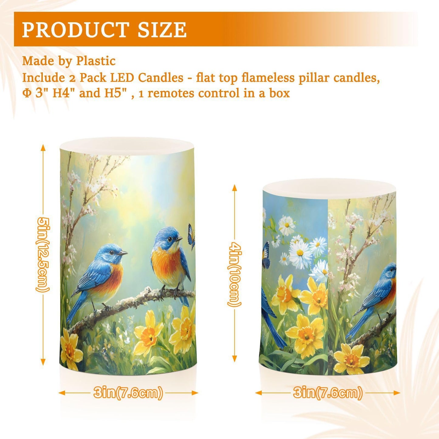 ALAZA Spring Summer Flowers Blue Bird Flickering Flameless Candles Battery Operated with Remote Timer,Tea Light Candles LED Pillar Votive Candles Set of 2 for Outdoor Indoor Decorations