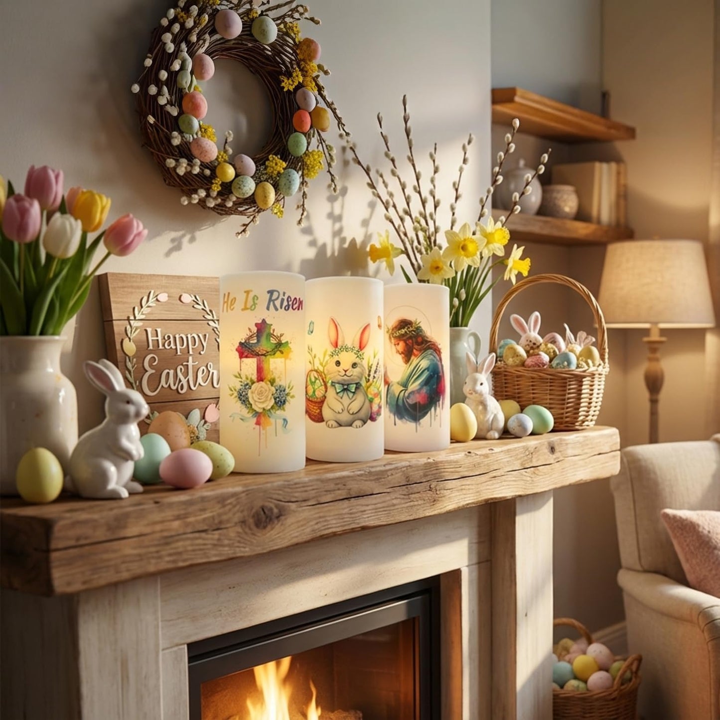 Aulaygo 3PCS Nativity Easter Flameless Candles with Remote Control,Christian Cross Bunny LED Candles for Spring Easter Home Decor