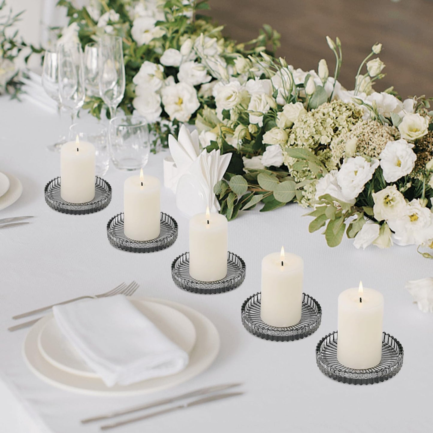 CHOCSTAY Glass Pillar Candle Holder, 4" Gray Candle Plates Set of 6, Glass Candle Holders for Wedding, Party, Holiday, Home Decor, Table Centerpiece