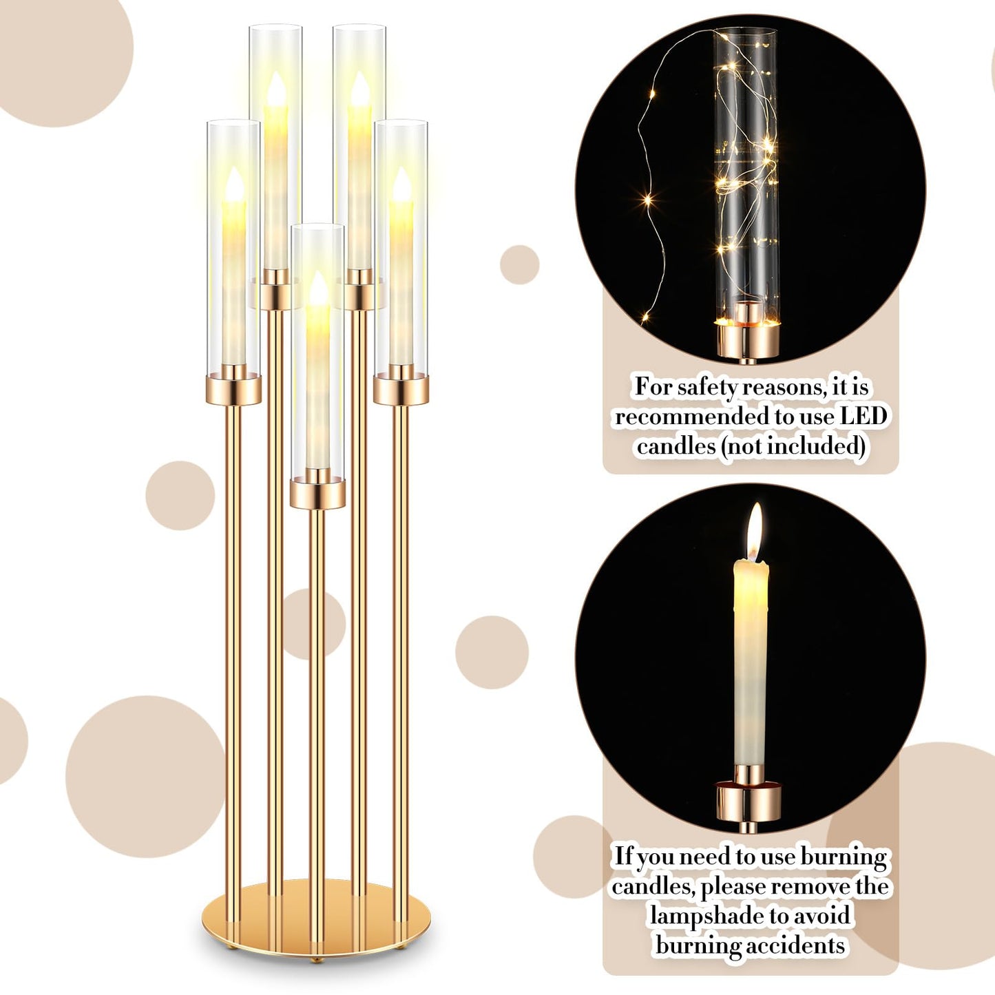 Tandefio 4 Set 5 Arm Gold Candelabra Centerpieces for Table, 35'' Tall Wedding Metal Candlestick Floor Holder Acrylic Clear Lampshades with 20 LED Candles for Wedding Party Event Table Fireplace Decor