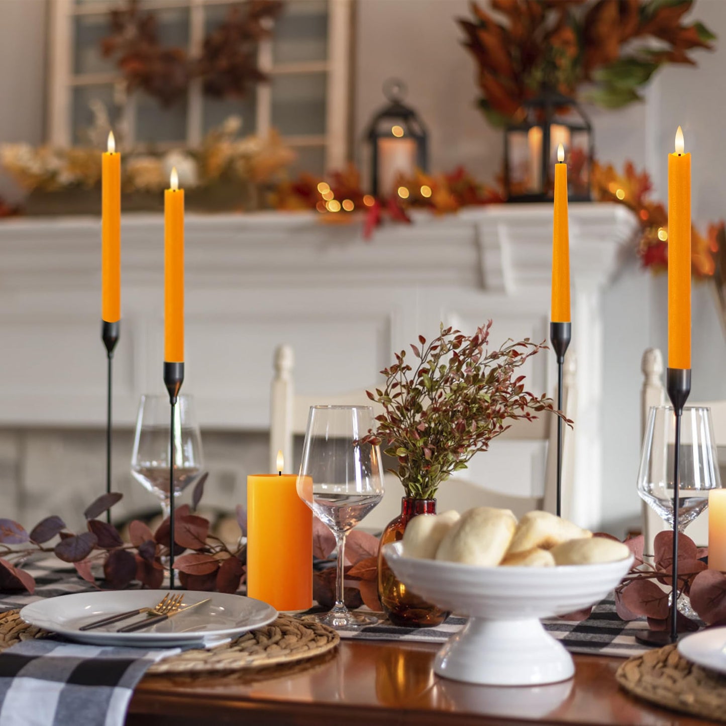 AFINETH Orange Flameless Taper Candles, 9.6" Fall Candles with Remote, Real Wax Battery Operated Candlesticks Flickering, Flameless Led Candle for Fall, Thanksgiving, Harvest, Halloween Decor, 6 Pack