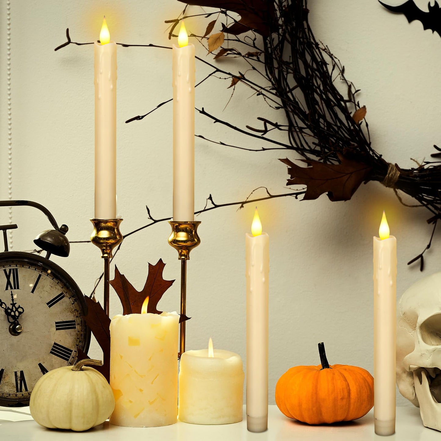 Baquler 24 Pcs 8.8 Inch Ivory Flameless Taper Candles LED Candle Sticks Battery Operated Flickering LED Candlestick Window Plastic Candle for Wedding Halloween Christmas Decor(No Battery)