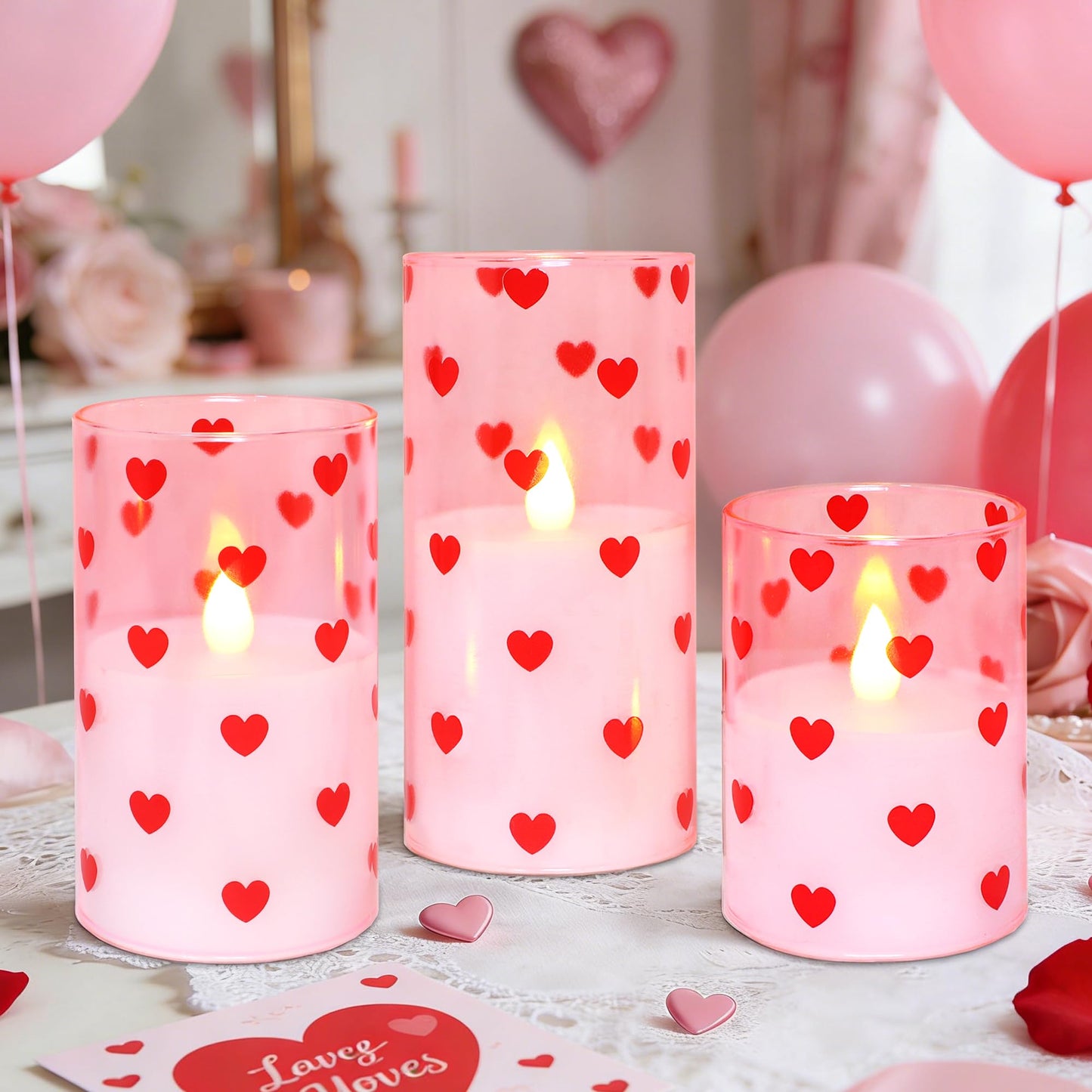 Valentines Flameless LED Pillar Candles, Battery Operated Red Heart Candles, Glass Pink Candles for Woman Gifts and Home Decor
