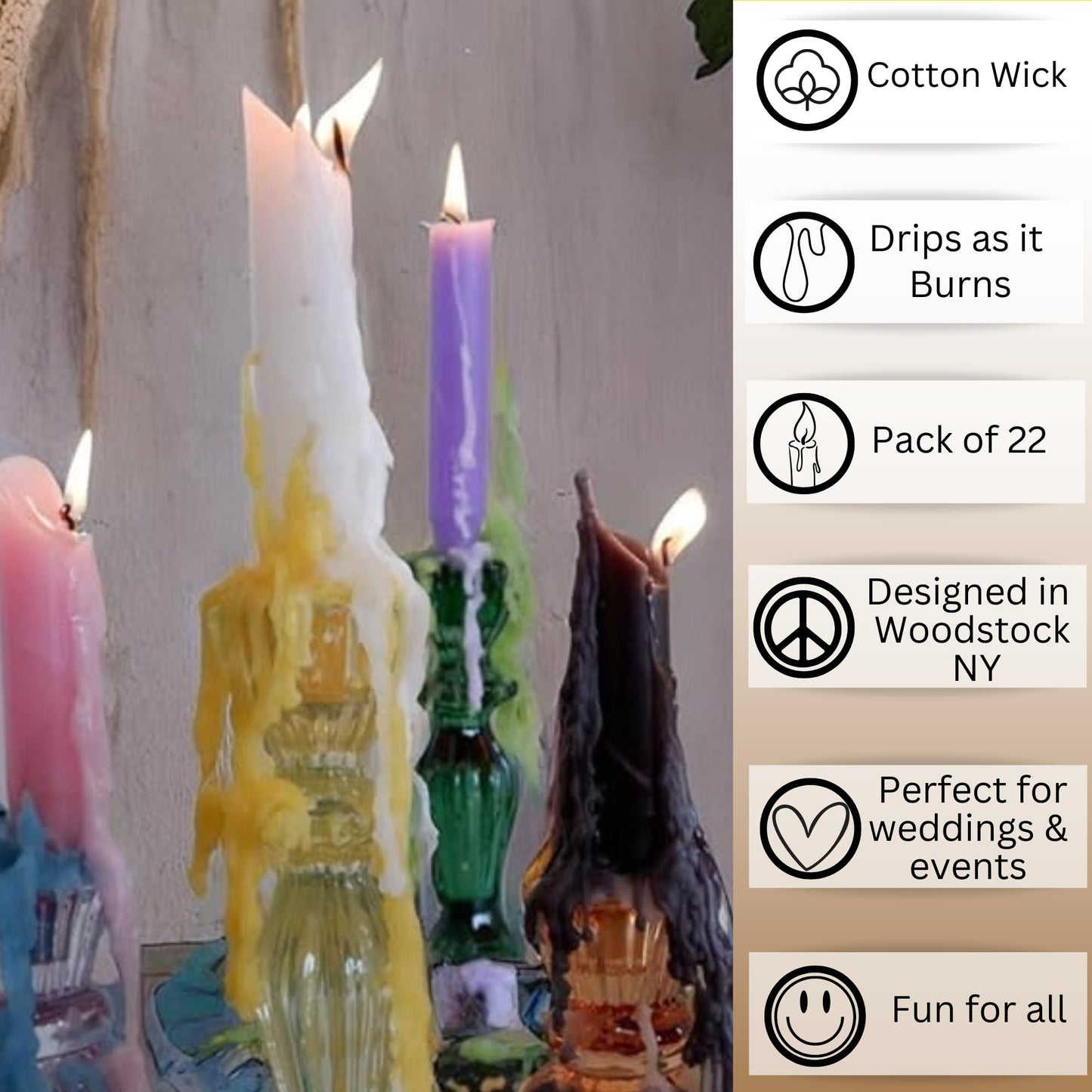 Candlestock Hippie Drippy Drip Candles - Pack of 22 Dripping Taper Candles - Wine Bottle Melting Candles (White)