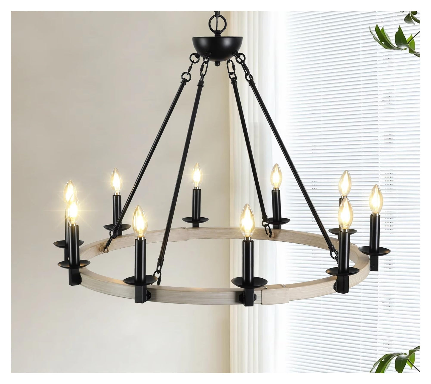 Rustic Farmhouse 10-Light Candle Chandelier, Black Metal and Wood Round Hanging Light Fixture, Adjustable Height,Comfortable Lighting