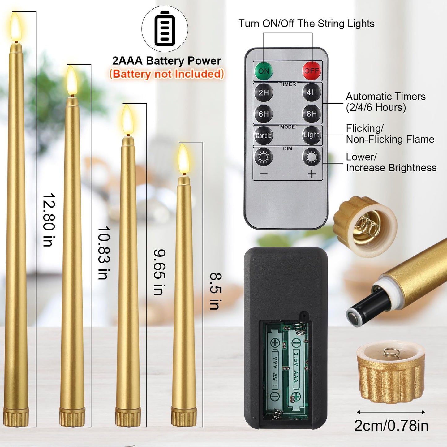 Rossesay 28 Pcs Flameless Taper Candles with Timer Remote 4 Sizes of 8.5", 9.6", 10.83", 12.8" LED Flickering Taper Candles Battery Operated for Valentine's Day Church Wedding Home Decor(Gold)