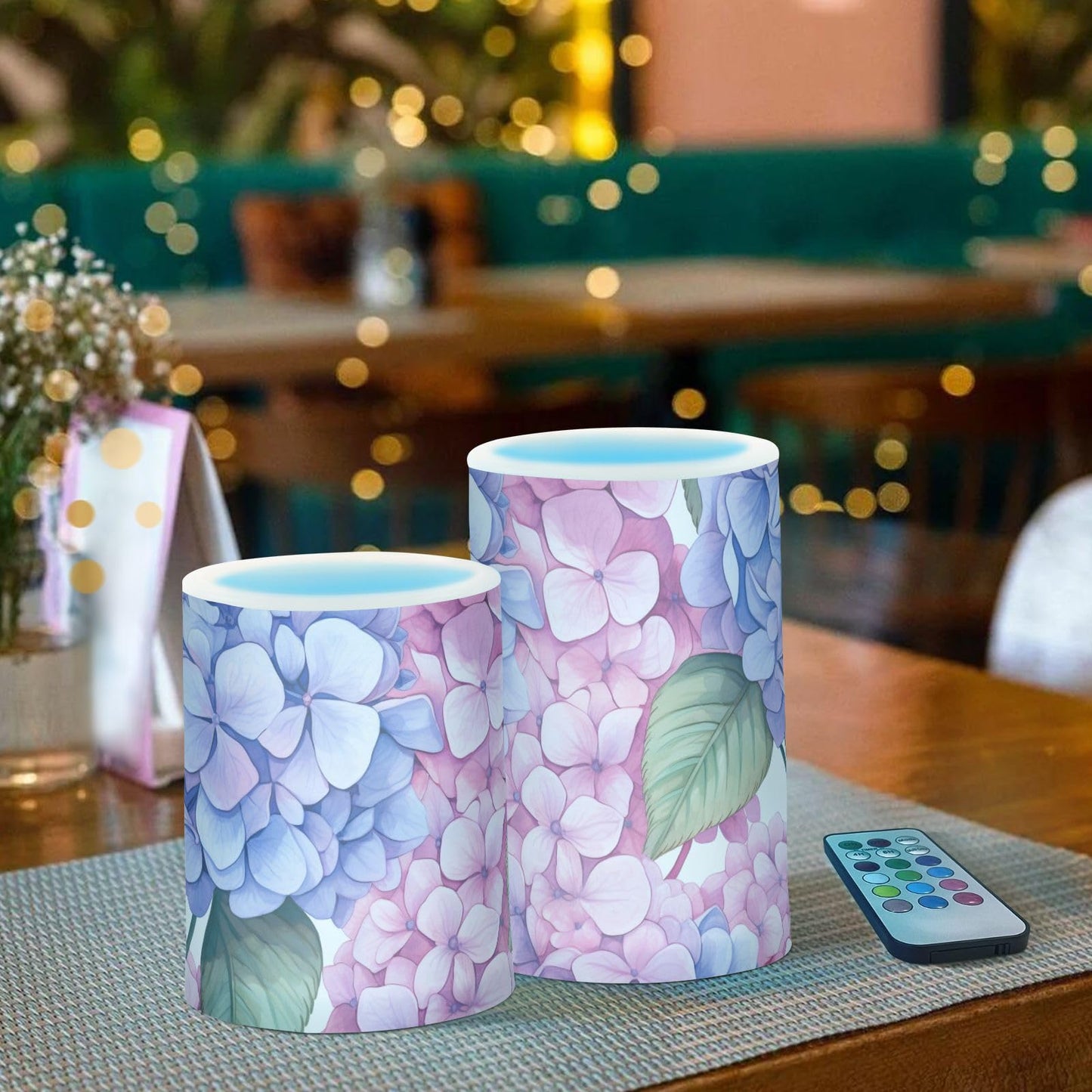 ALAZA Flickering Flameless Candles Blue Hydrangea Pink Flower Battery Operated Candles with Remote Timer LED Pillar Votive Candles Set of 2 for Holiday Decor