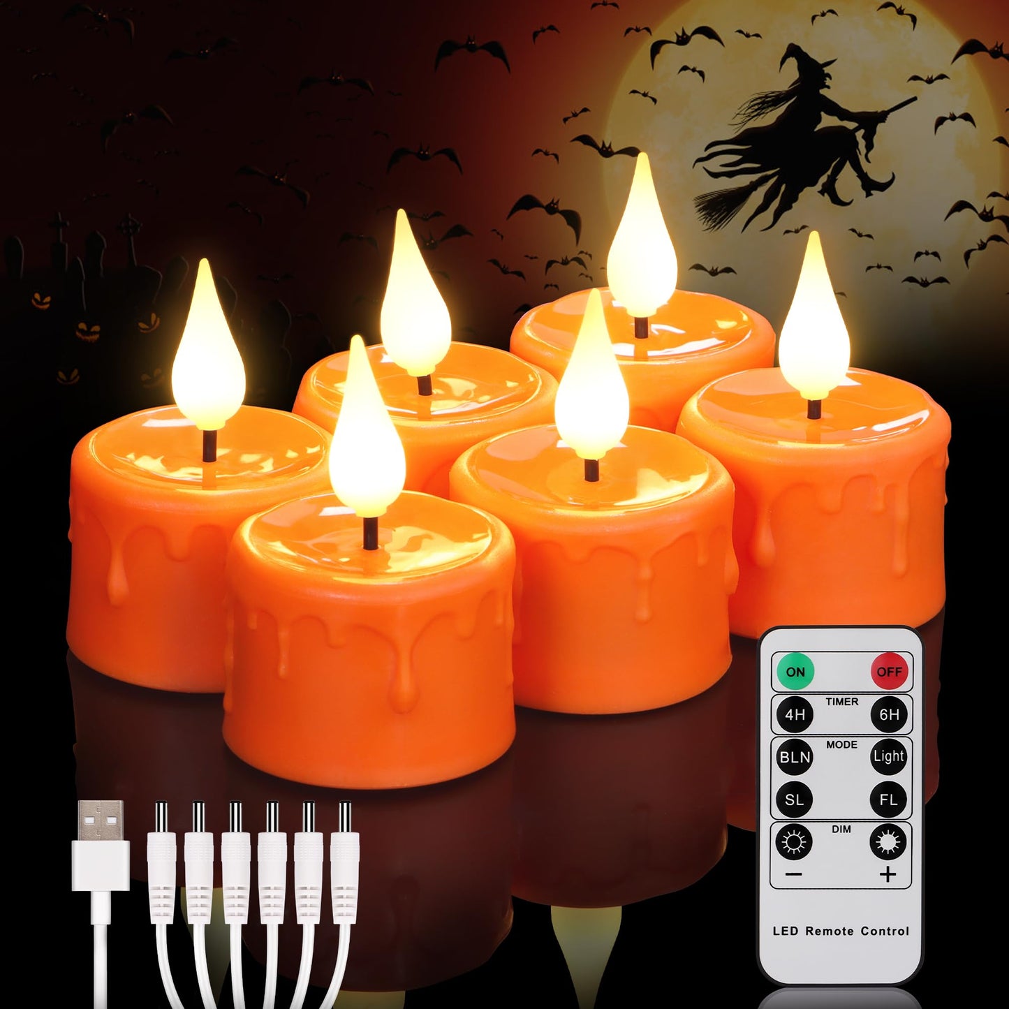 FREEPOWER Orange Halloween Candles,Rechargeable Flameless Candles with Remote Timer, Soft 3D Wick LED Tealights Candle, Rechargeable Candles Flickering Realistic for Halloween Decorations,Set of 6