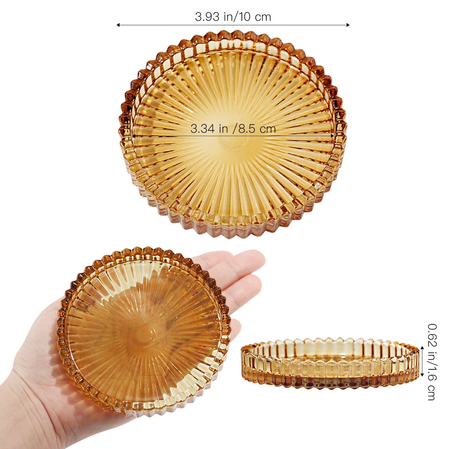 CHOCSTAY Glass Pillar Candle Holder, 4" Amber Candle Plates Set of 3, Glass Candle Holders for Wedding, Party, Holiday, Home Decor, Table Centerpiece