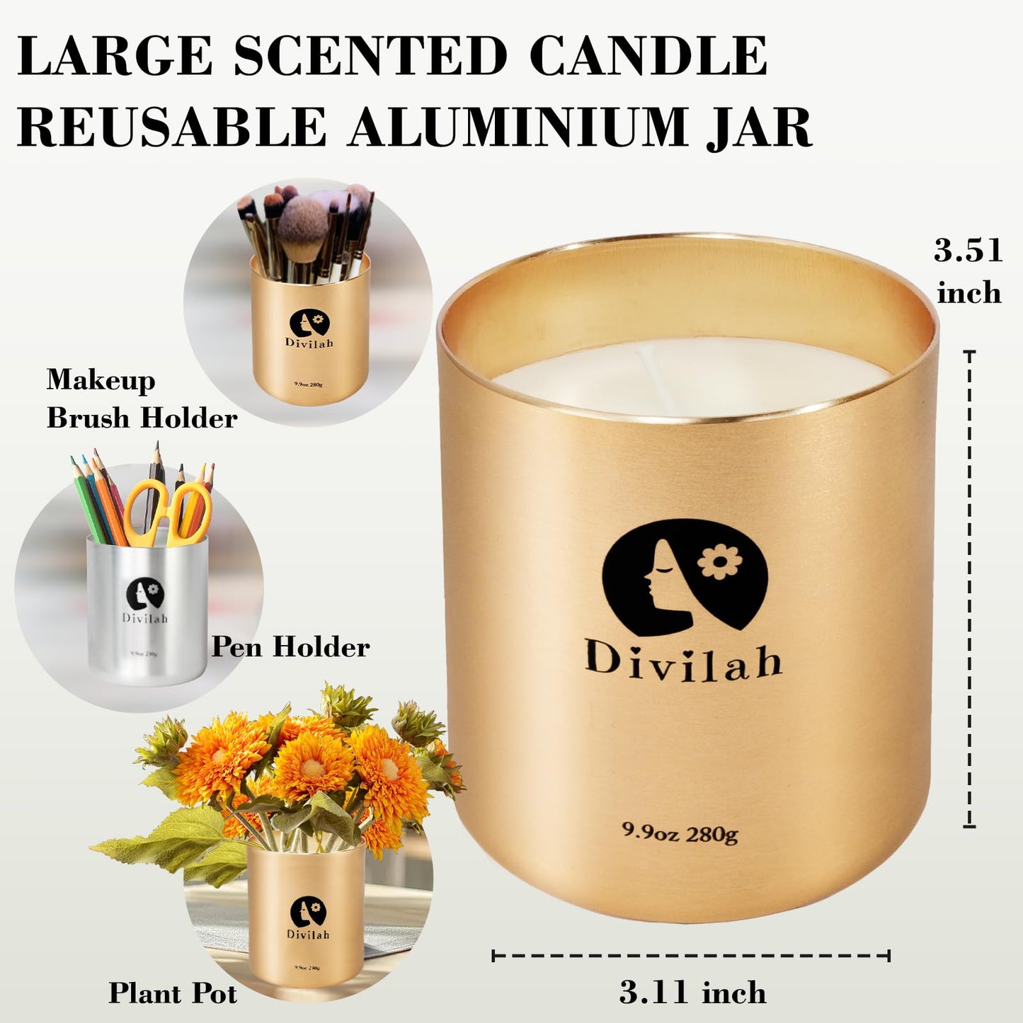 Divilah Lavender Scented Candles, 65 Hour Long Lasting Non Toxic Natural Soy Wax in Gold Aluminum Jar, Luxury Large Home Decorative Scented Candle, Relaxing Aromatherapy Gift for Women & Men, 9.9oz