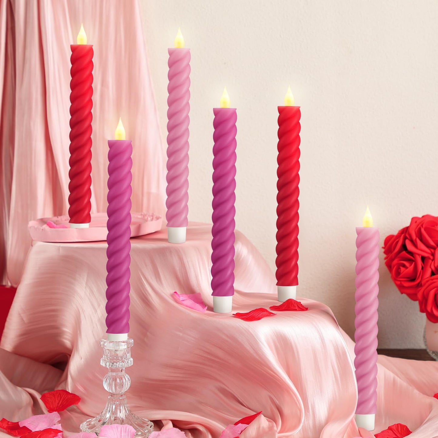 Baquler 6 Pcs Flameless Taper Candle Pink and Red Twisted LED 9.65 Inch Taper Candles Battery Operated Twisted Candlestick for Spring Birthday Home Party Dinner Table Decor