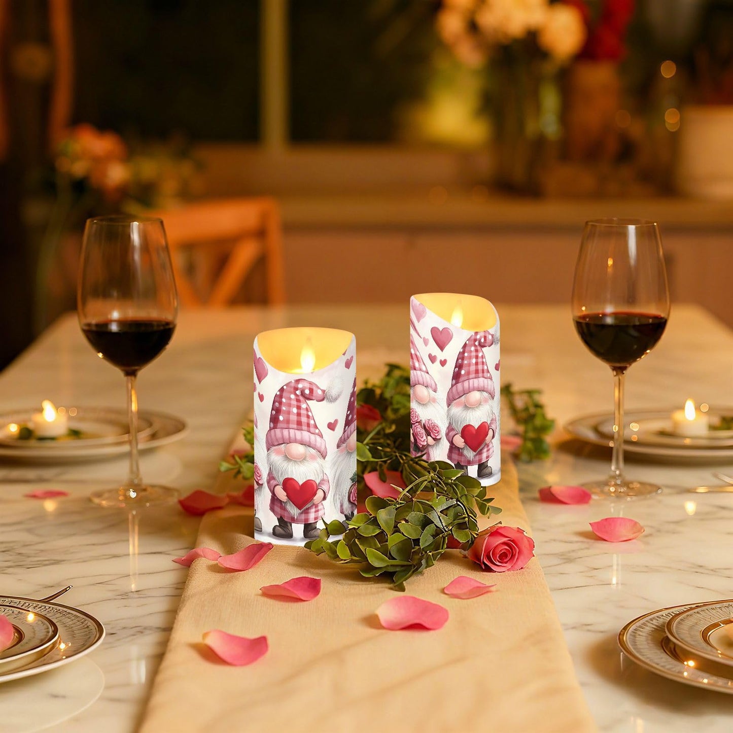Valentines Day Gnome Pink Rose Flowers Hearts Flameless Candles with Remote Timer,LED Flickering Battery Operated Electric Pillar Tea Light Candles for Wedding Table Christmas Decorations 3" x5.9"