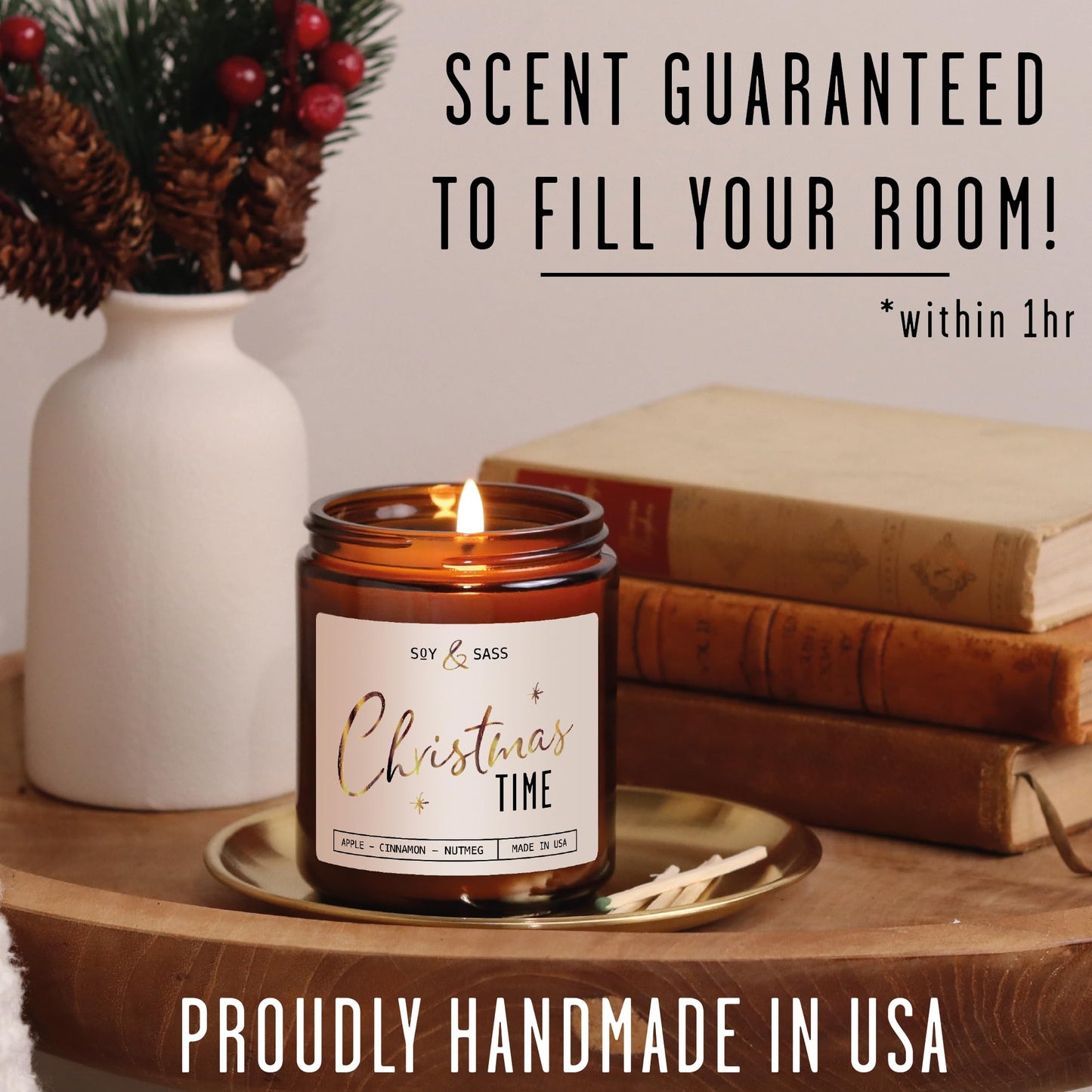 Christmas Candles Scented – ‘Christmas Time’ Soy Christmas Candle, w/Apple, Cinnamon, Clove - Infused with Essential Oils I Holiday Candles I 9oz, 50Hr, Made in USA