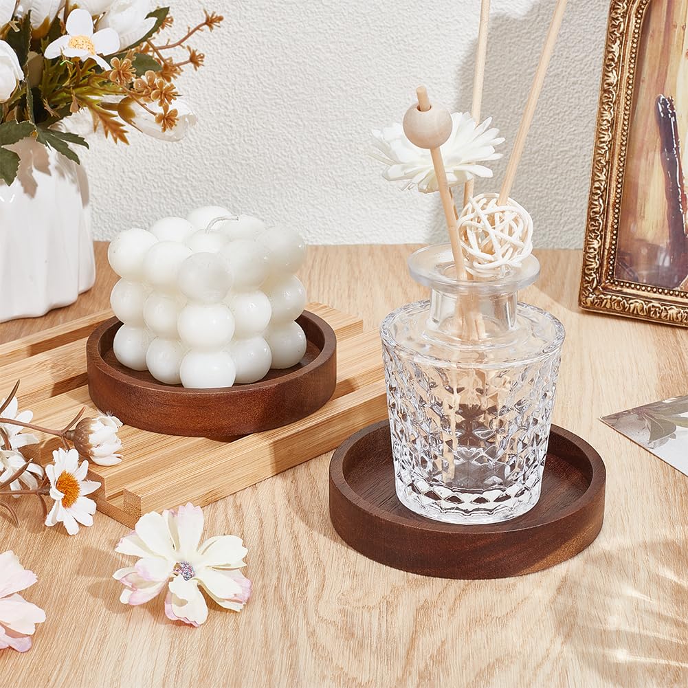 NBEADS 2Pcs Wood Candle Tray, 3.94 inch Acacia Coasters for Candles Flat Round Natural Wood Plant Trays for Home Dining Table Kitchen Accessories Bar Decorative, Coconut Brown