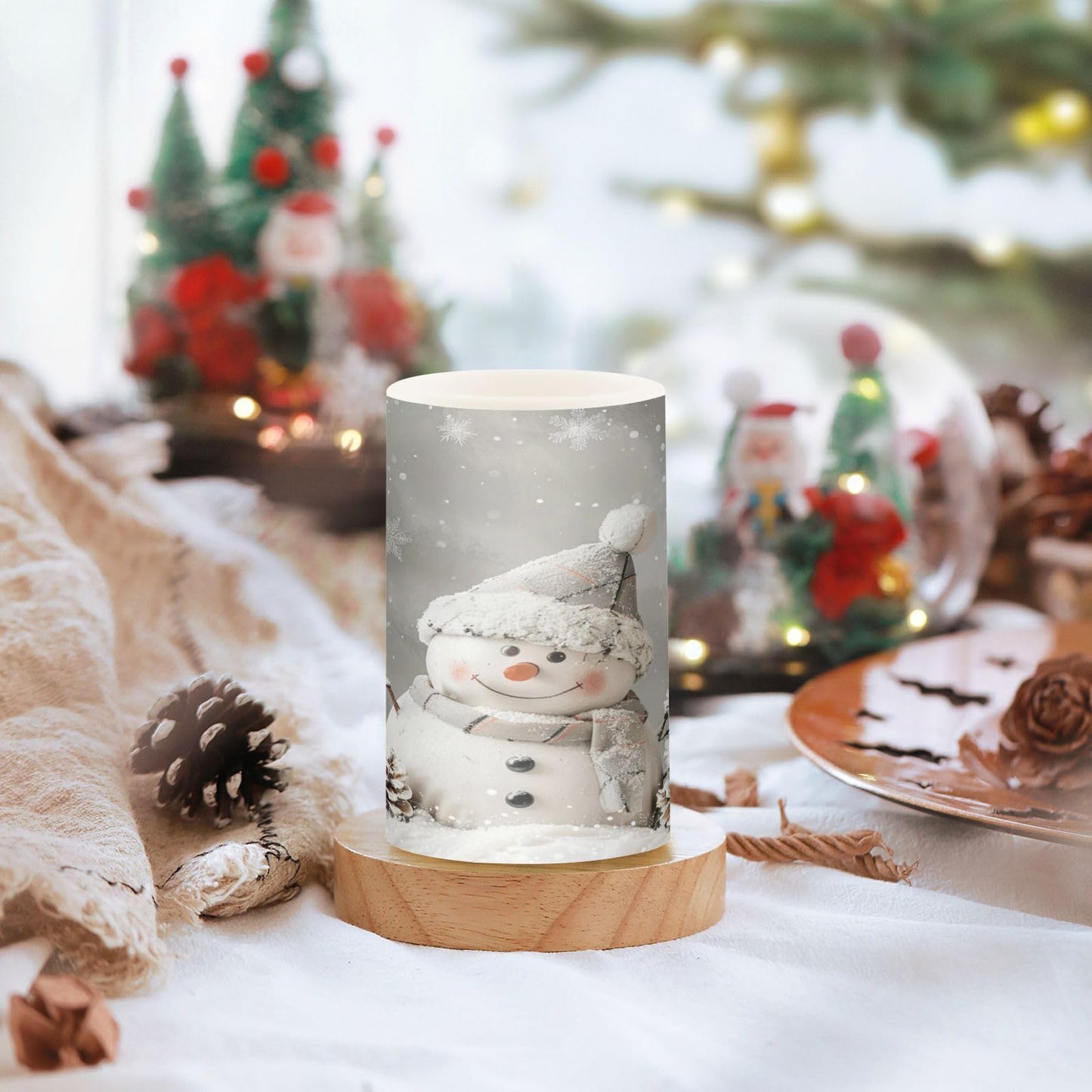 Christmas Lights Flameless Candles Snowman Pine Cones Snowflake Pillar Candles Set of 2 Battery Operated Remote Control Warm Lights Home Decor