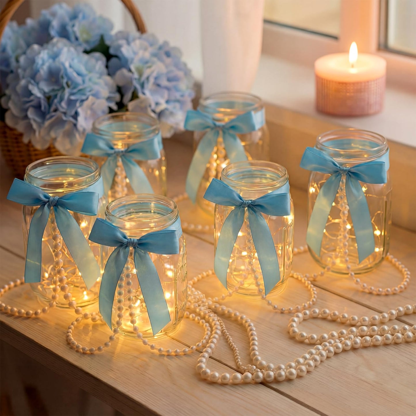 Gandeer 6 Sets Blue Mason Jars Centerpieces for Table Bridal Shower Mason Jar Lights Vases with Bow and Pearl Ribbon Bow Vase for Flowers Table Engagement Party Bridal Shower Wedding Centerpieces