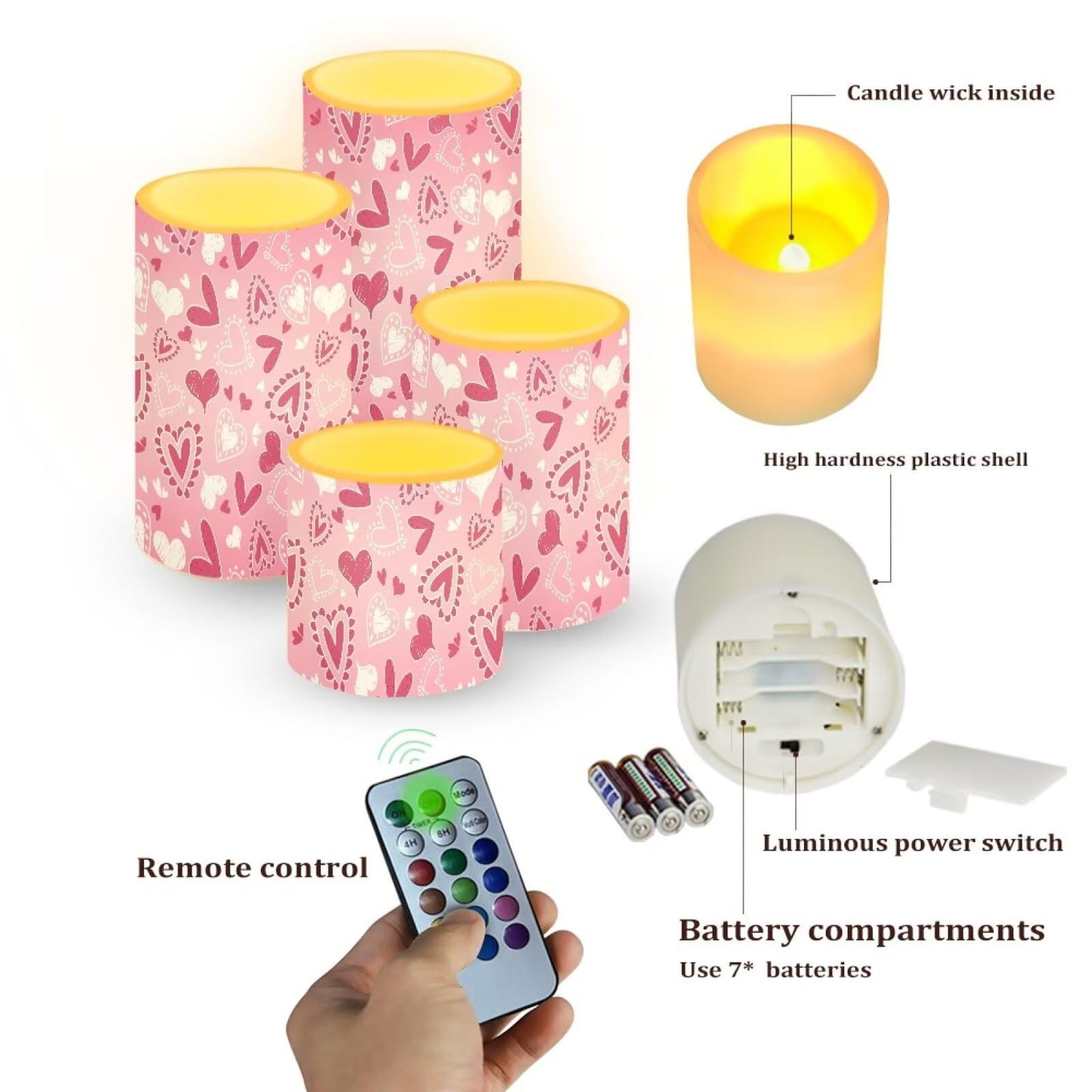 NETILGEN Pink Love Hearts 4 Pcs Flameless Electric Candles LED Pillar Candles with Remote Timer Control for Valentine's Day Decoration