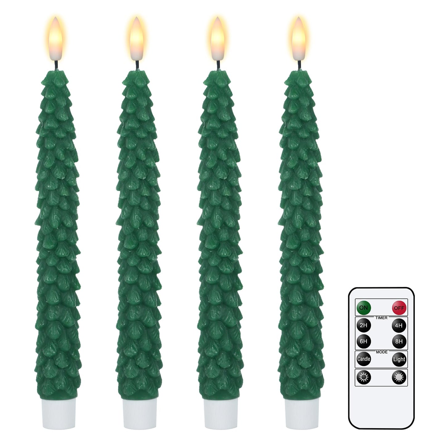 DRomance Christmas Tree Flameless Taper Candles Battery Operated with 10-Key Remote and Cycle Timer 4 Pack Real Wax 3D Wick Flickering LED Candlesticks Holiday Decor(Green, 0.79 x 9.9 Inch)