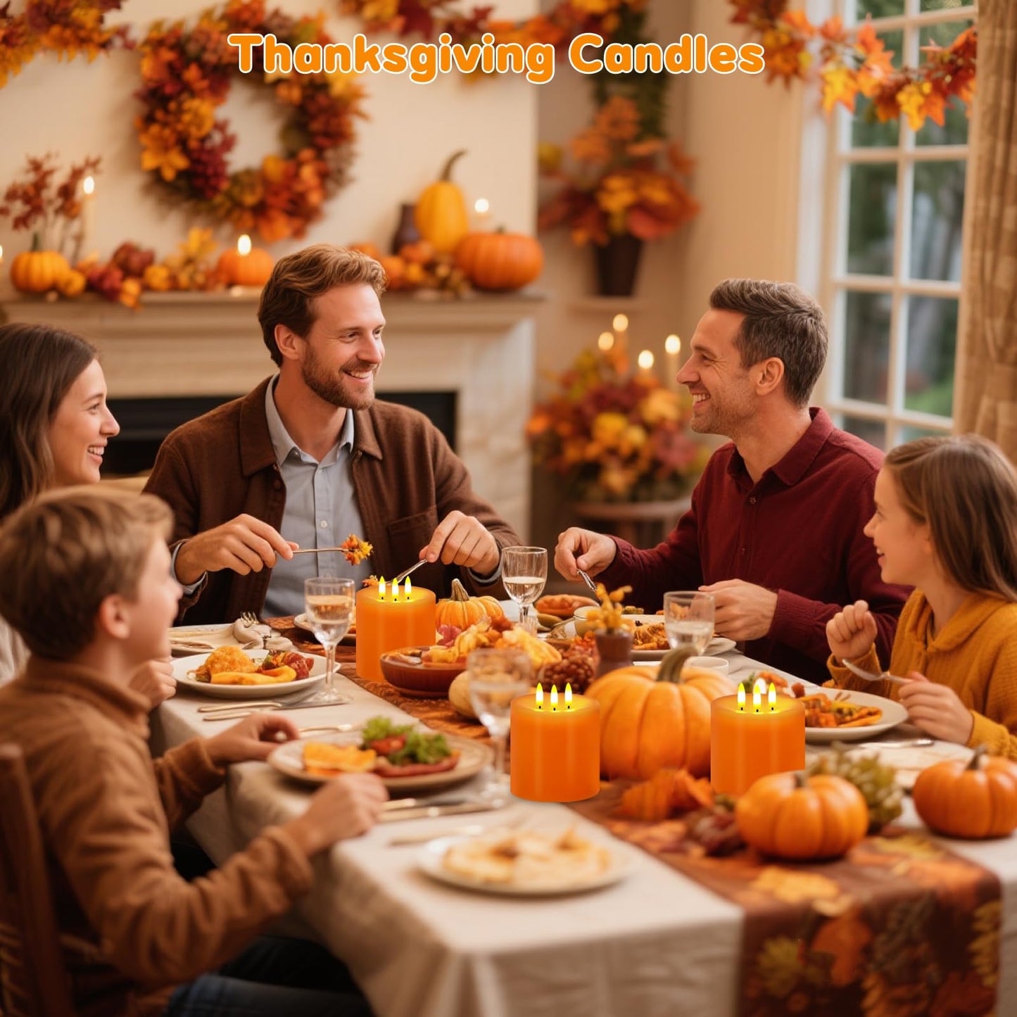 Large 3 Wick Flameless Candles Set of 2, 4"x4" Flickering LED Candles with Remote & Timer, Dimmable Real Wax Pillar Candles Battery Operated, Orange Candles for Fall Thanksgiving Halloween Decor