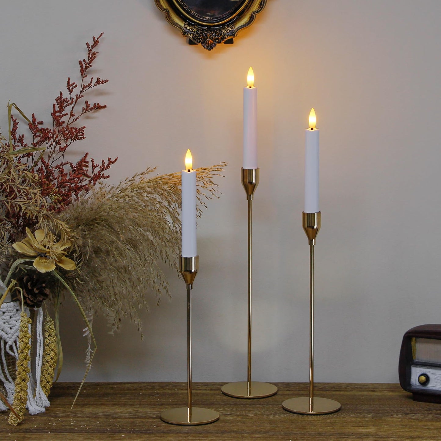 Mavandes 6.4 Inches Plastic LED Taper Candles with Remote and Timer,White Flameless Battery Operated Flickering Candlesticks,Pack of 6 Flameless 0.78” Diameter 3D-Wick Tall Window Candles,Long-Lasting