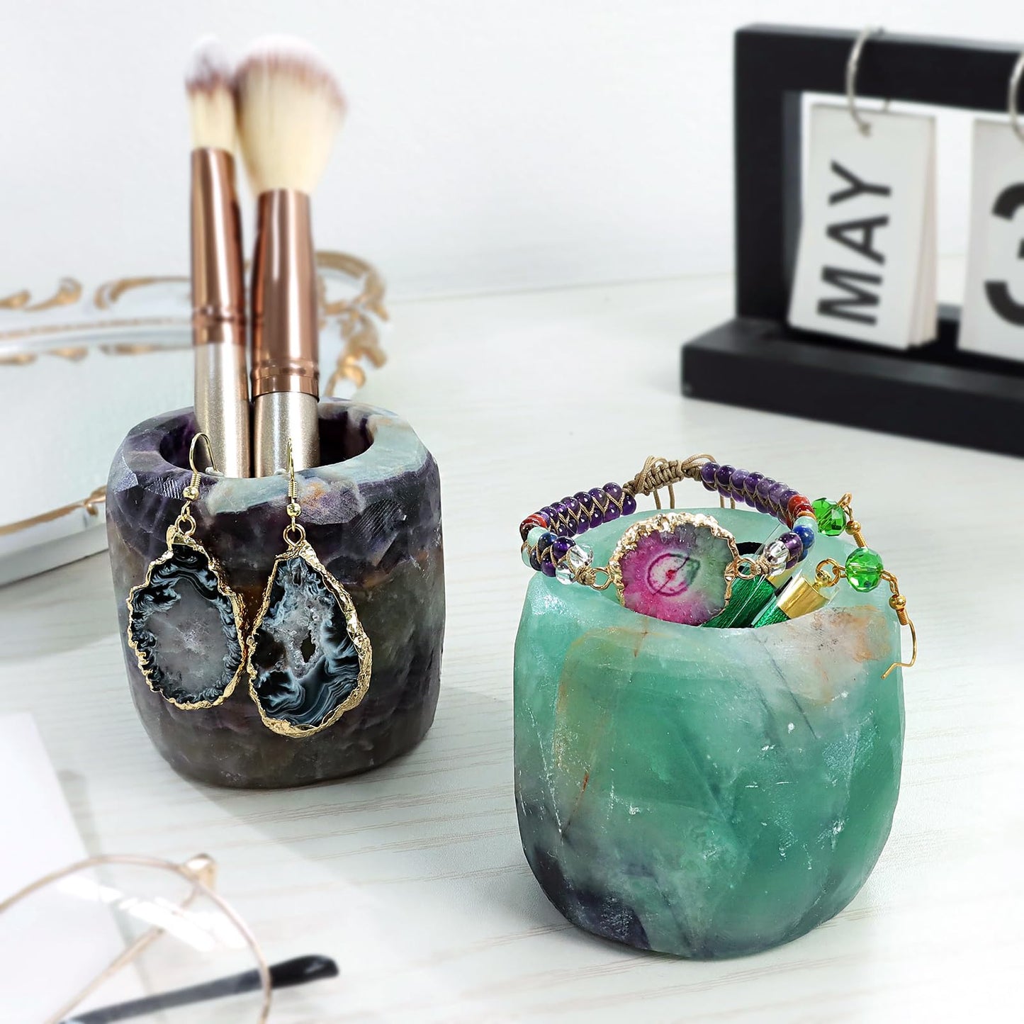 mookaitedecor Natural Fluorite Crystal Tea Light Candle Holder/Air Plant Holder Home Decor